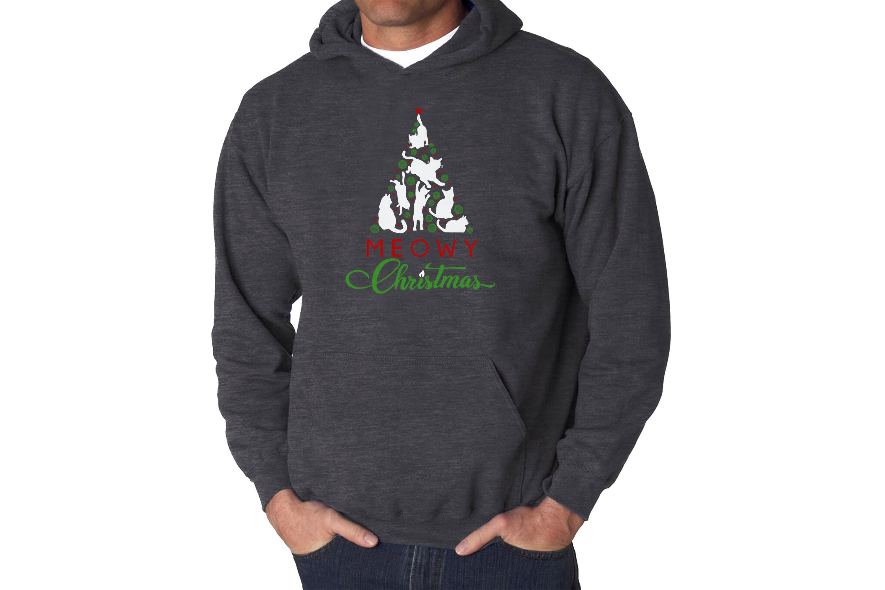 Mens Word Art Hooded Sweatshirt - Meowy Christmas Tree