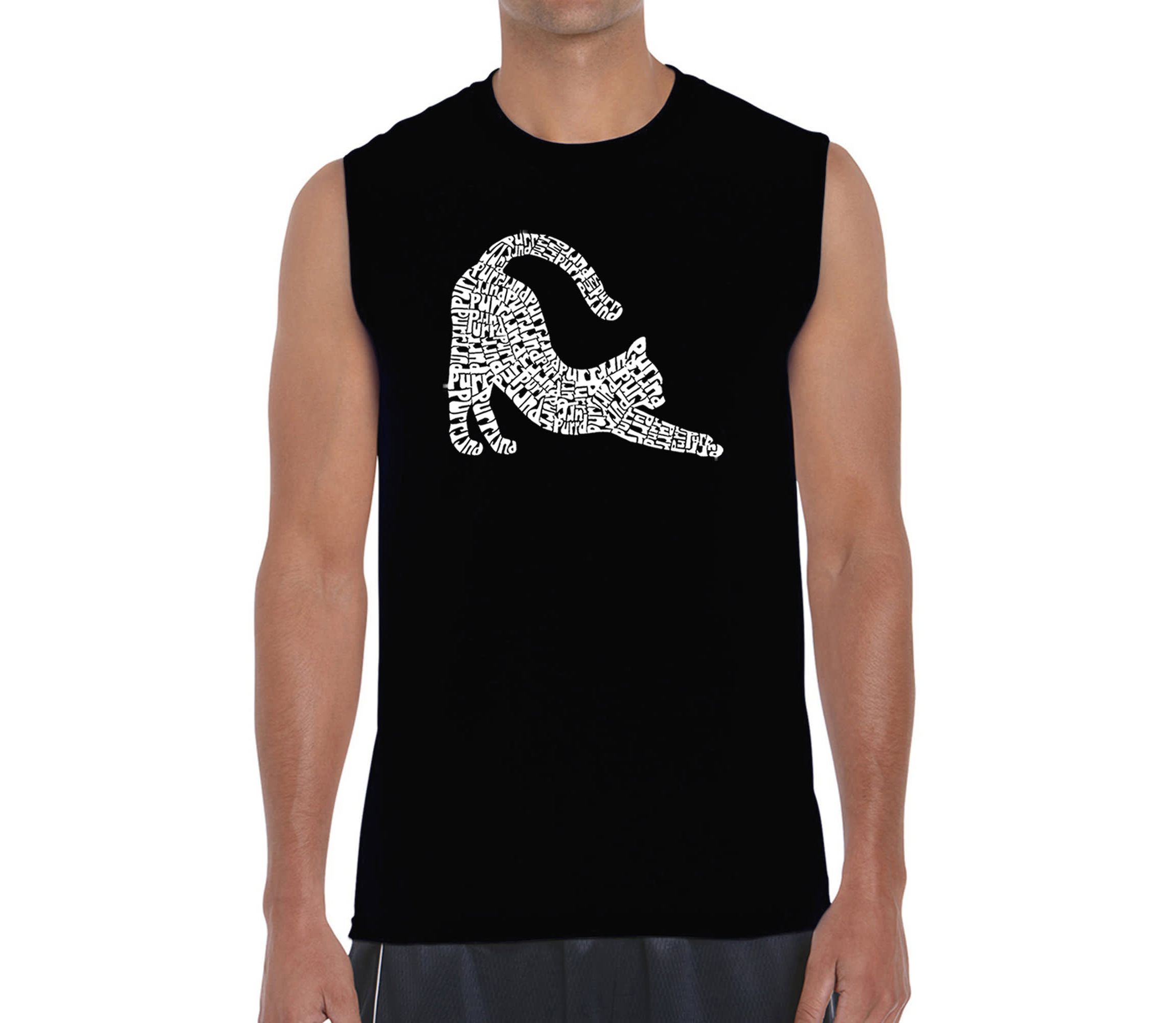 Mens Word Art Sleeveless T-Shirt - Stretching Cat