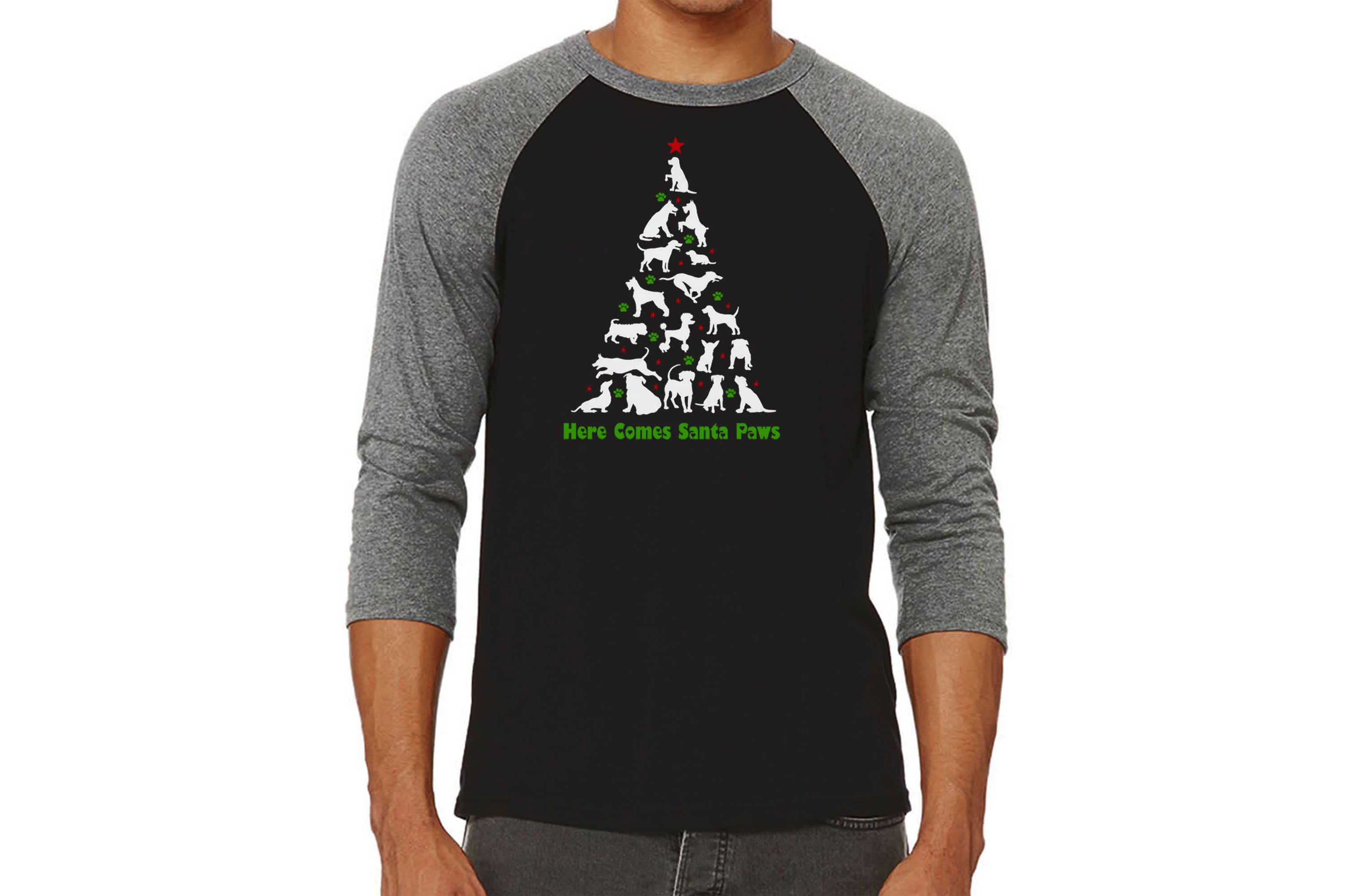 Mens Raglan Baseball Word Art T-Shirt - Here Comes Santa Paws