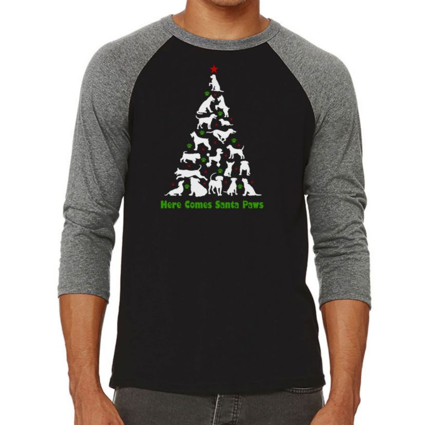 Mens Raglan Baseball Word Art T-Shirt - Here Comes Santa Paws