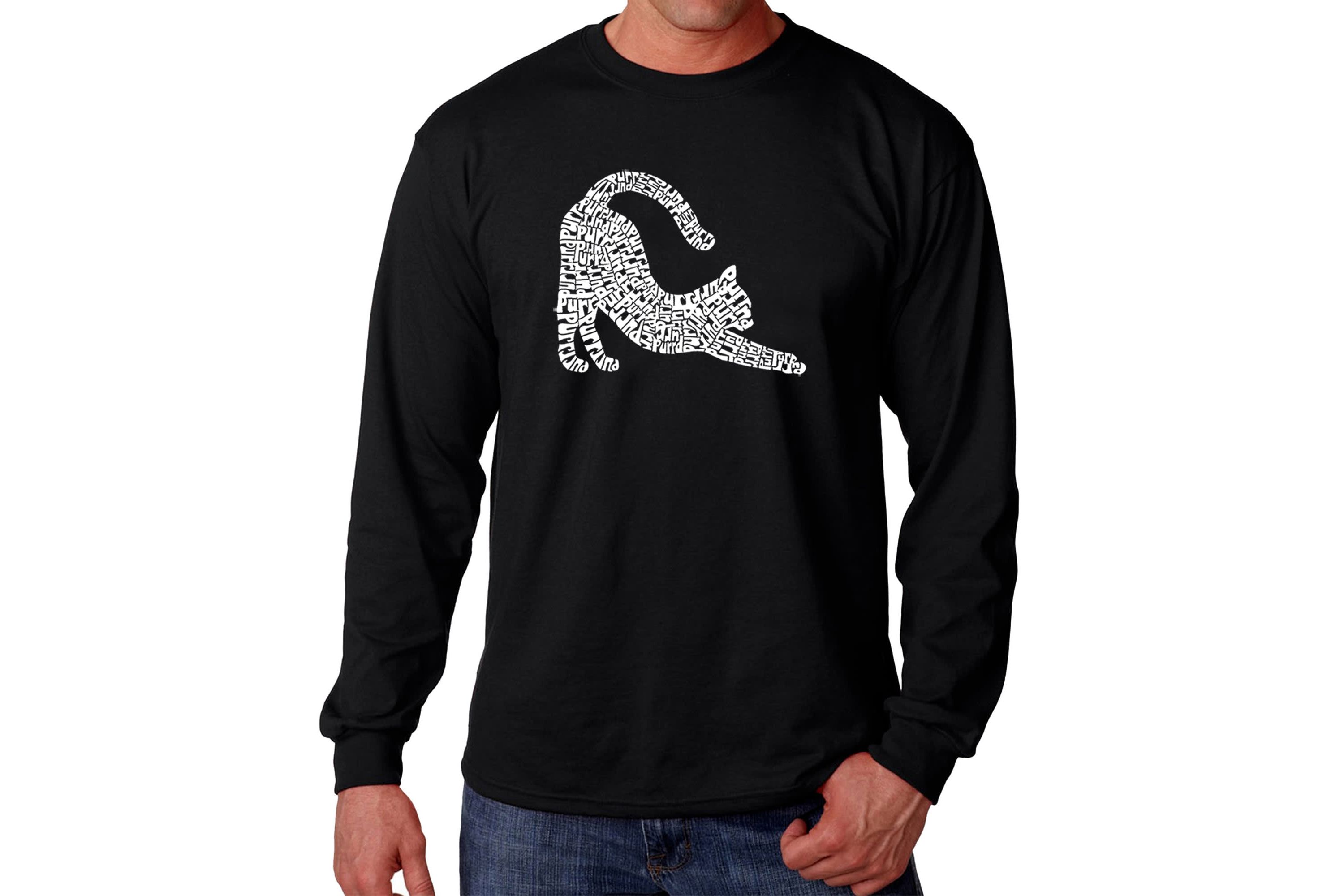 Mens Word Art Long Sleeve T-Shirt - Stretching Cat