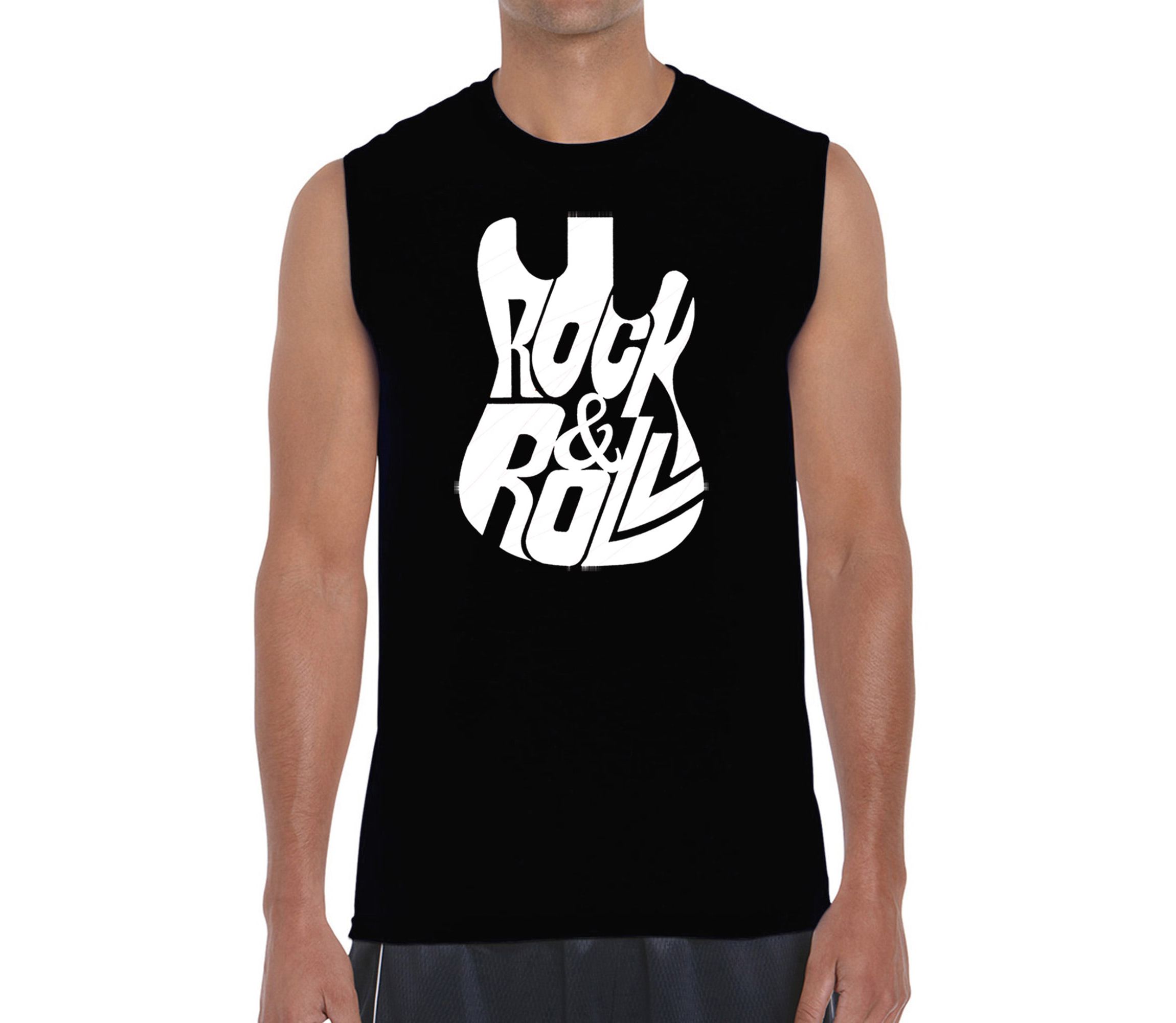 Mens Word Art Sleeveless T-Shirt - Rock And Roll Guitar