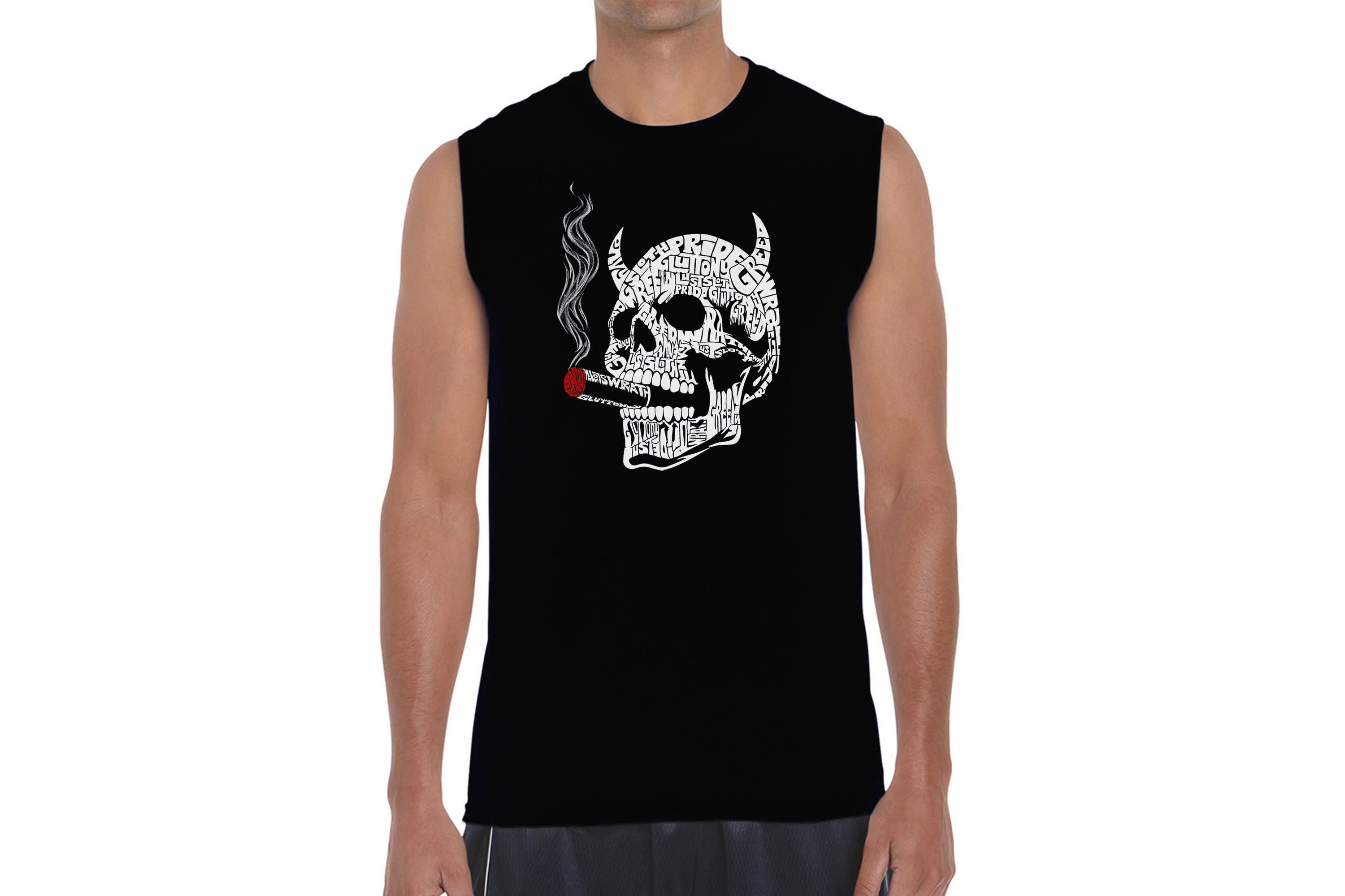 Mens Word Art Sleeveless T-Shirt - 7 Deadly Sins Skull