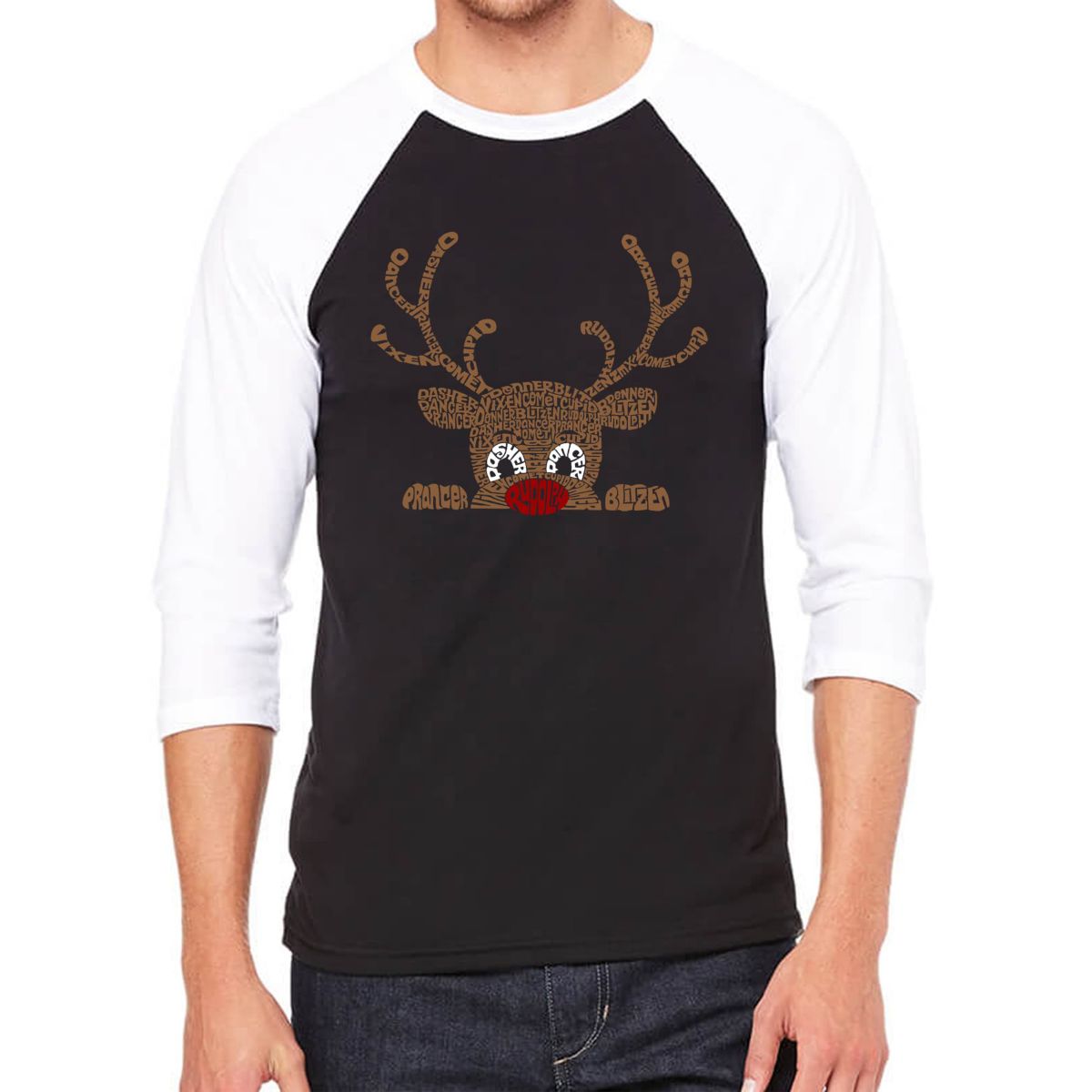 Peeking Reindeer - Mens Raglan Baseball Word Art T-Shirt