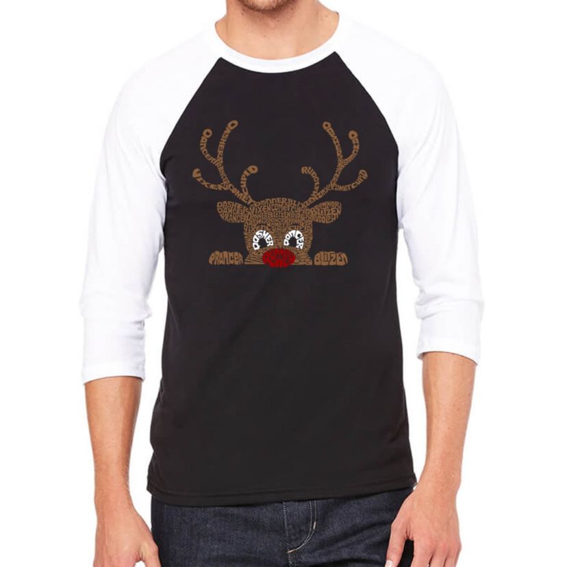 Peeking Reindeer - Mens Raglan Baseball Word Art T-Shirt