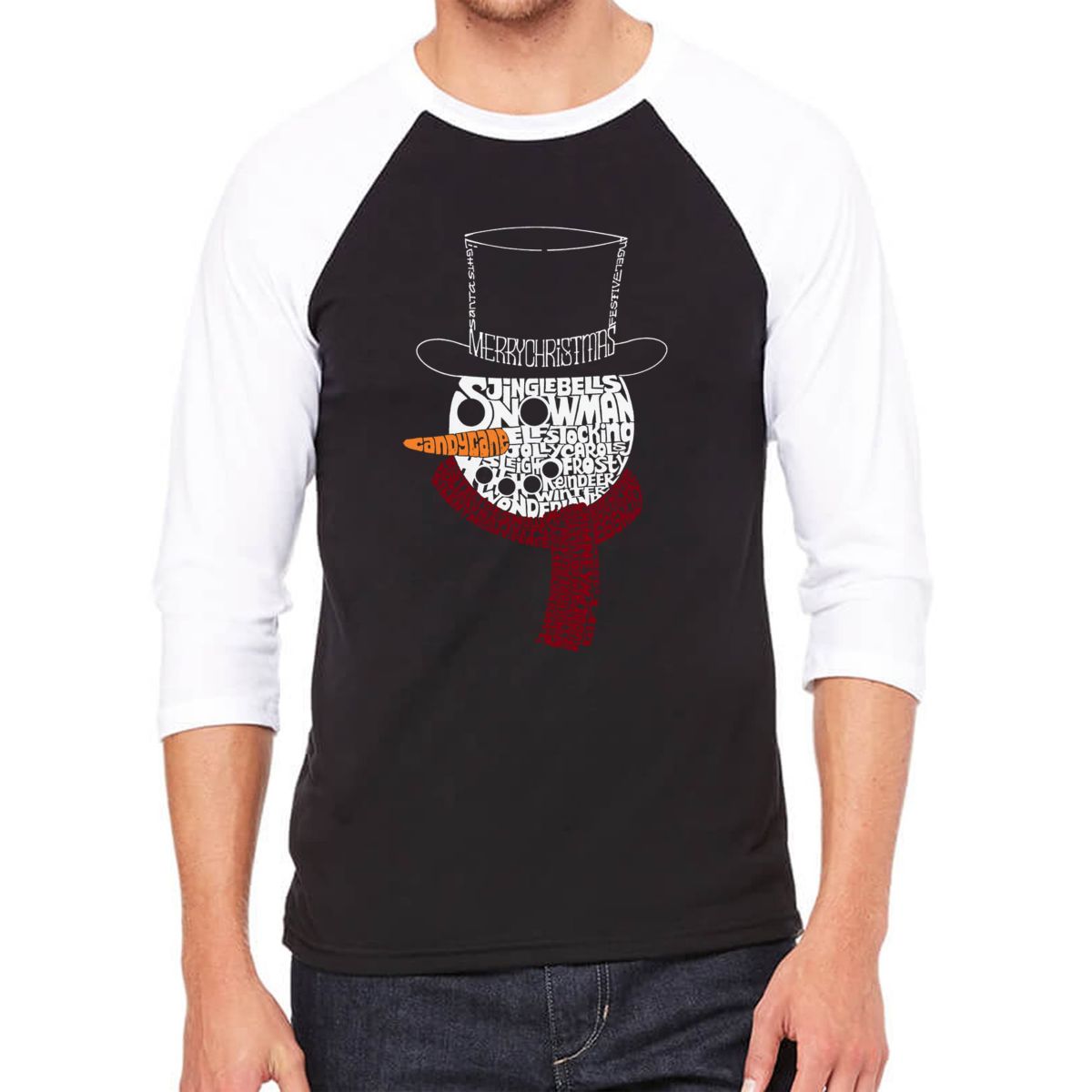 Snowman Face - Mens Raglan Baseball Word Art T-Shirt