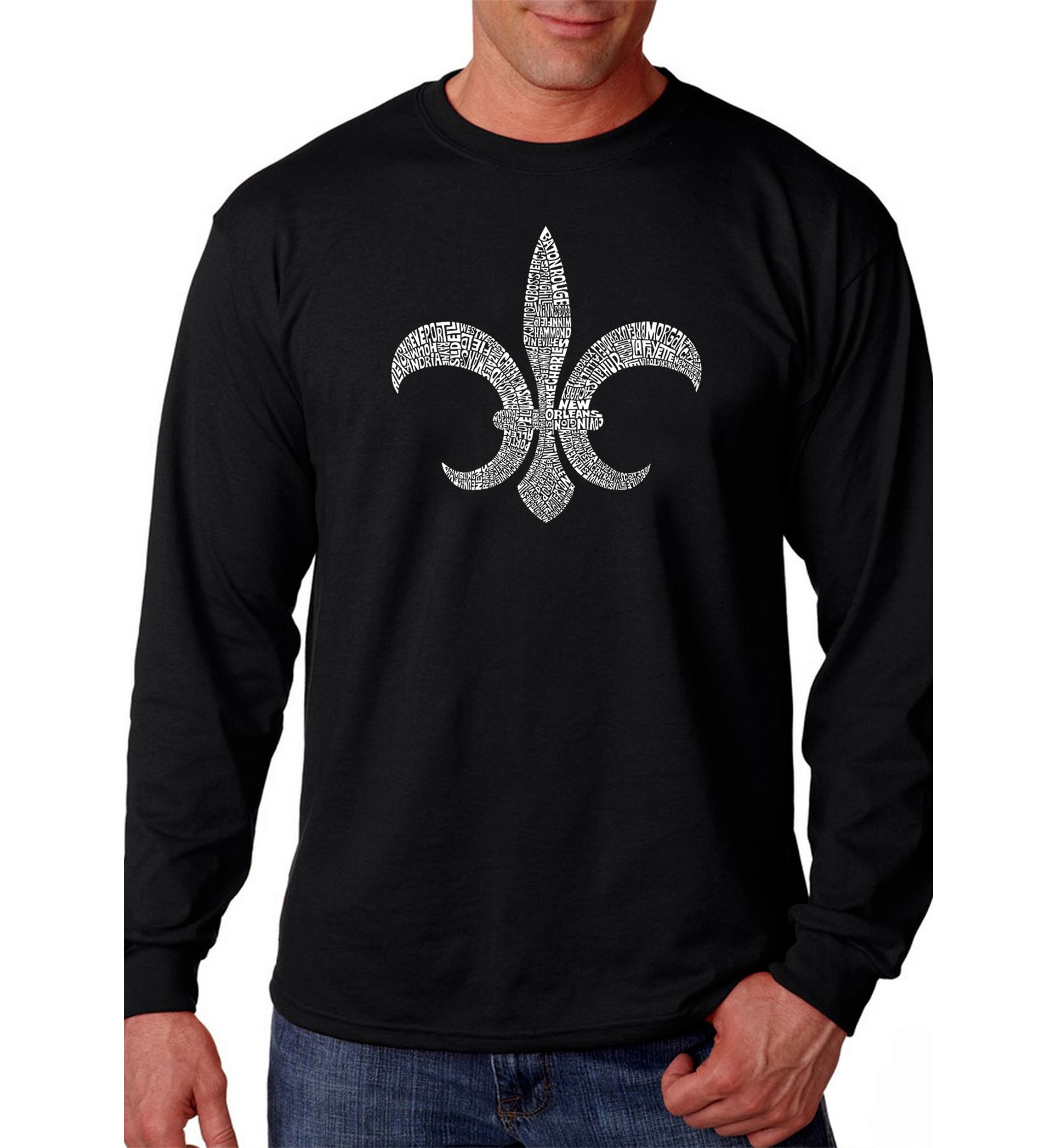 Word Art Long Sleeve T Shirt - Fleur De Lis - Popular Louisiana Cities