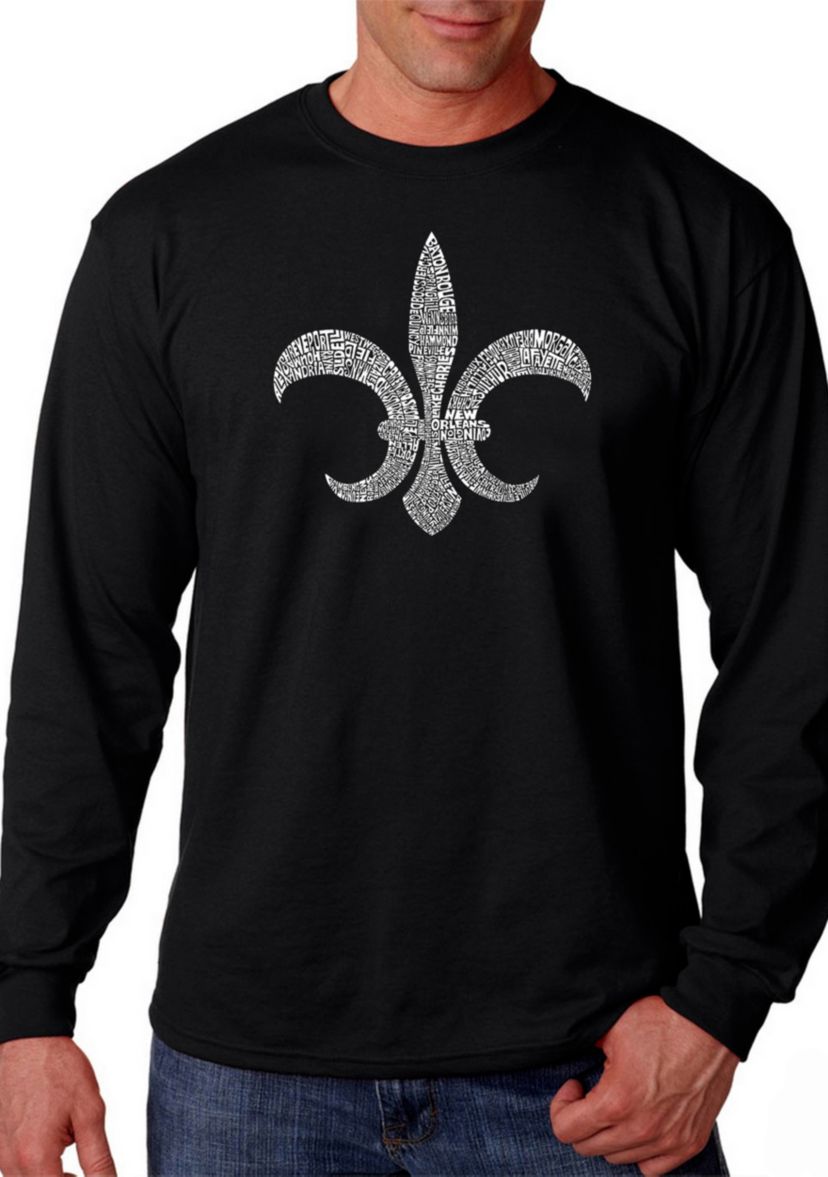 Word Art Long Sleeve T Shirt - Fleur De Lis - Popular Louisiana Cities