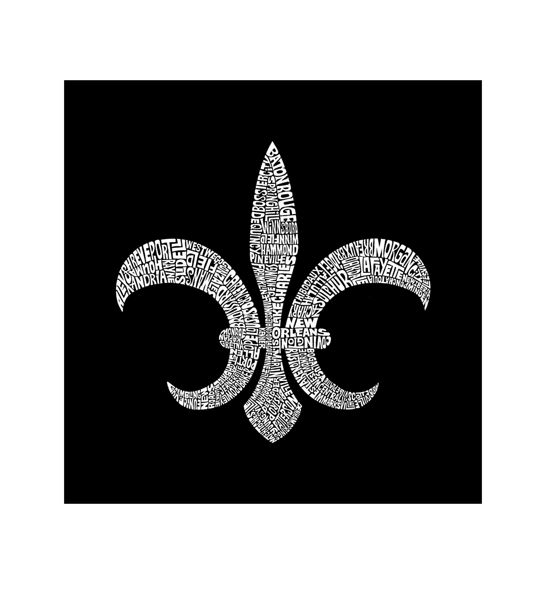 Word Art Long Sleeve T Shirt - Fleur De Lis - Popular Louisiana Cities