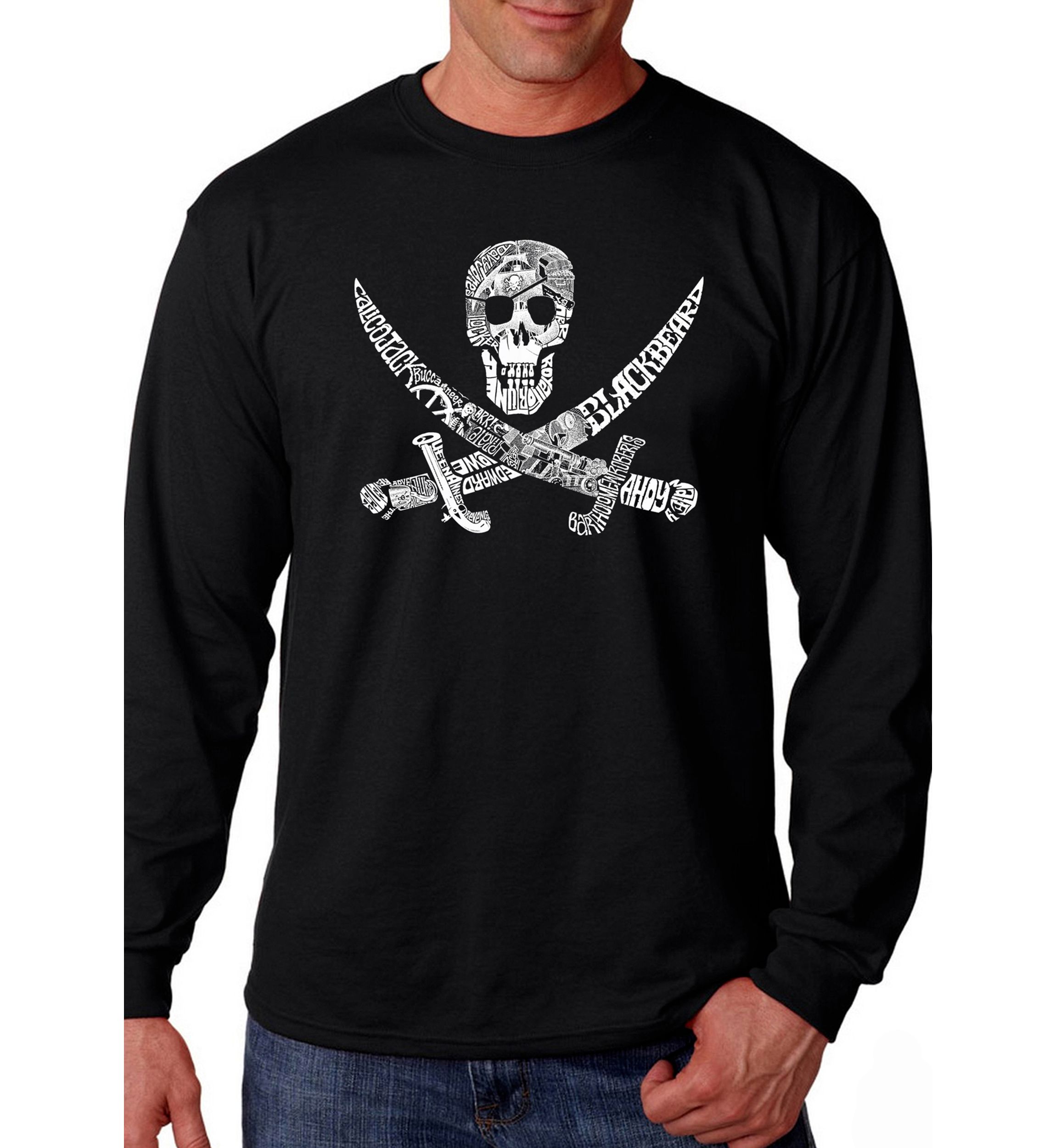 Word Art Long Sleeve Graphic T-Shirt - Pirate Captains Ships and Imagery 