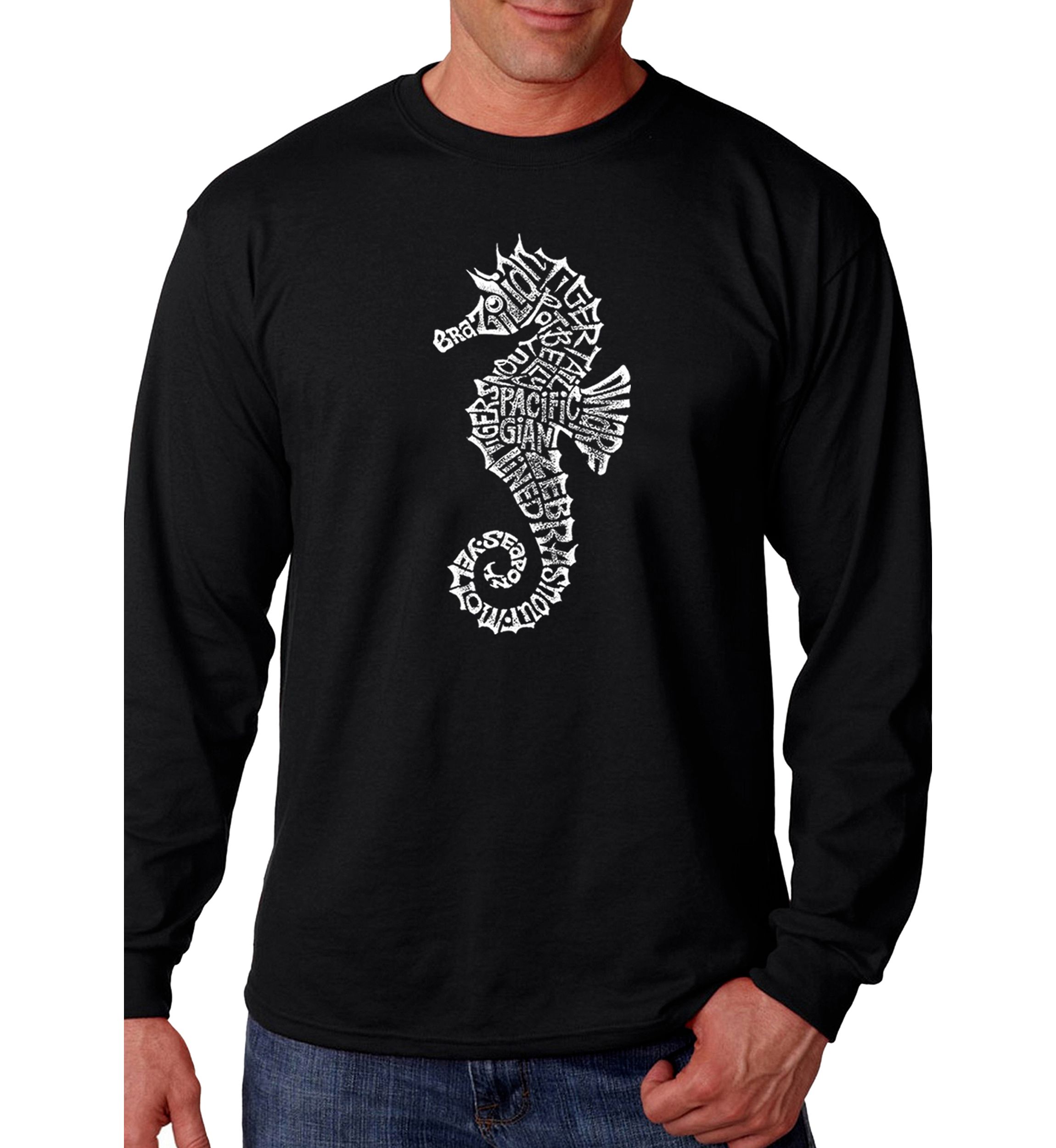 Word Art Long Sleeve Graphic T-Shirt - Types of Seahorse 