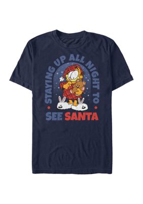 Cartoon Network Men's Garfield Santa Up Late Graphic T-Shirt, Navy Blue, 3XL