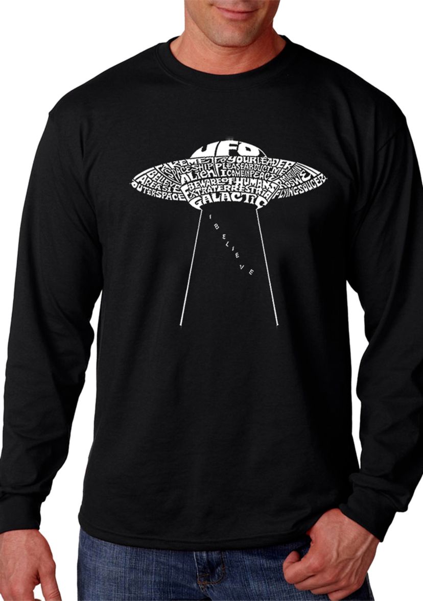 Mens Word Art Long Sleeve Graphic T-Shirt - Flying Saucer UFO