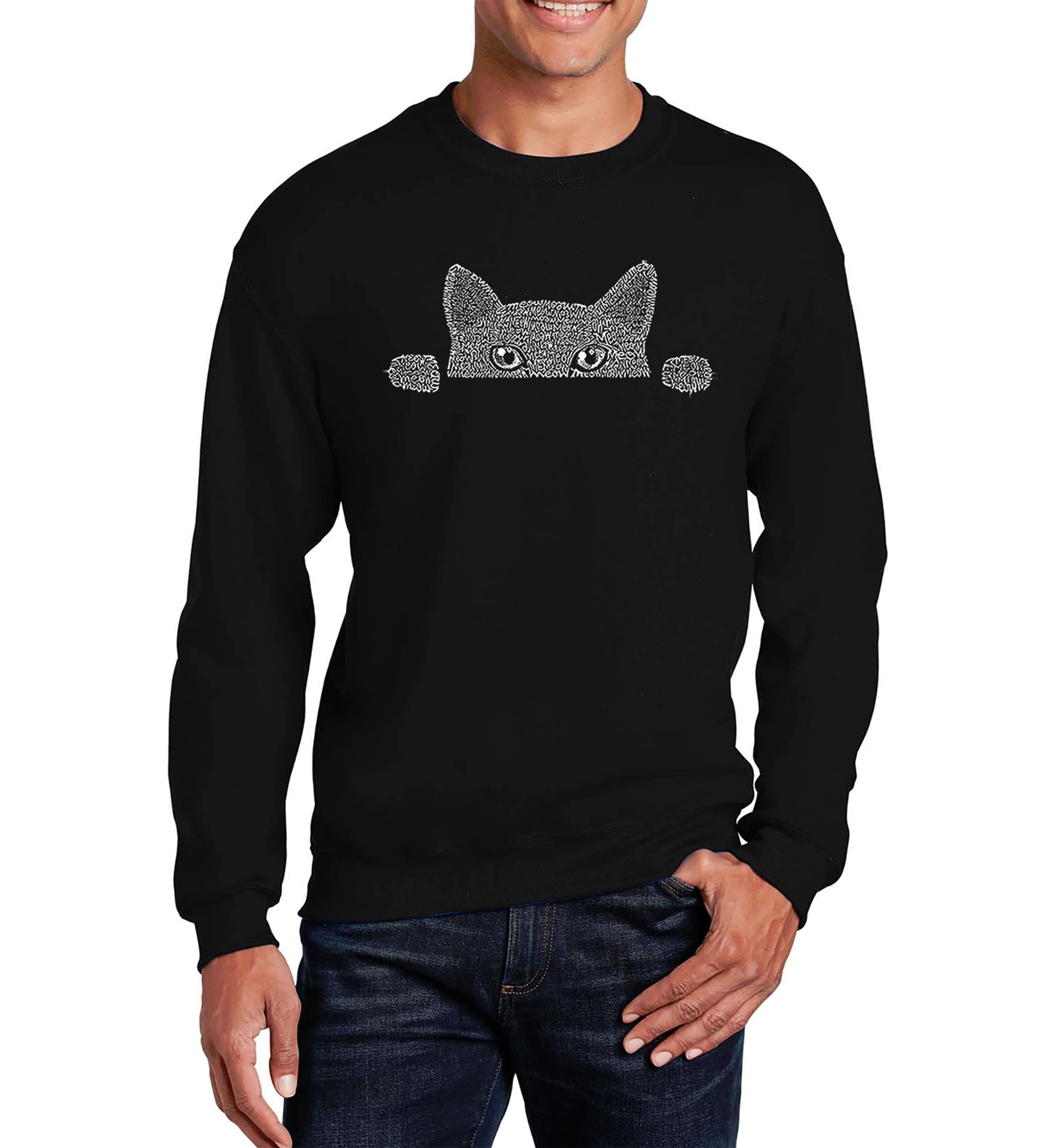 Mens Word Art Crew Neck Graphic Sweatshirt - Peeking Cat