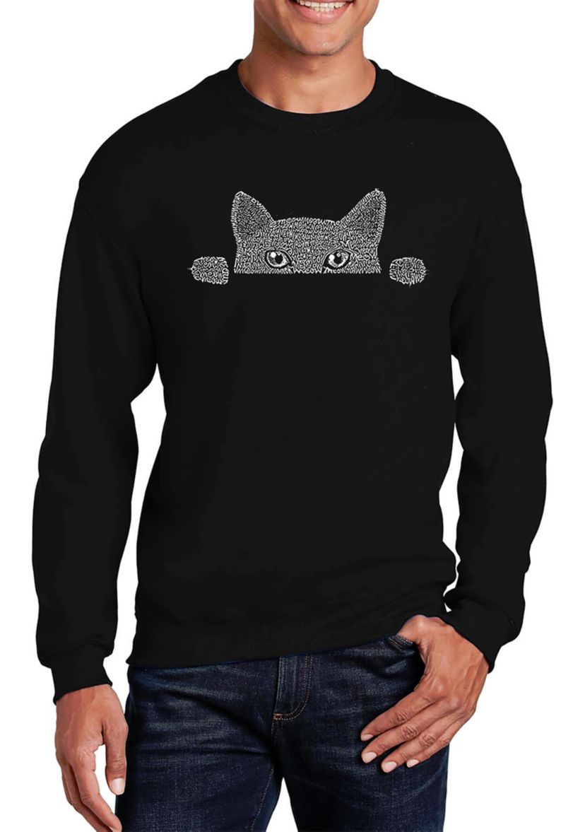 Mens Word Art Crew Neck Graphic Sweatshirt - Peeking Cat