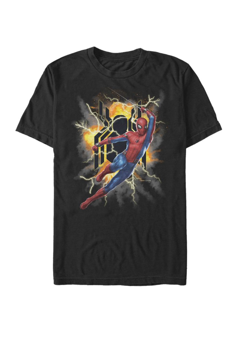 Spider Man Far From Home Exploding Logo Action Pose Short Sleeve Graphic T-Shirt