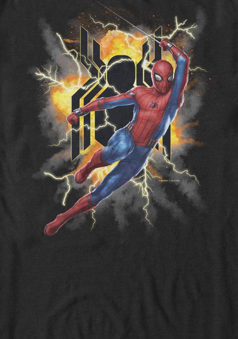 Spider Man Far From Home Exploding Logo Action Pose Short Sleeve Graphic T-Shirt