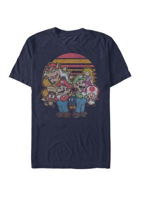 Nintendo Men's Super Mario Group Retro Sunset Short-Sleeve T-Shirt, Navy Blue, Large