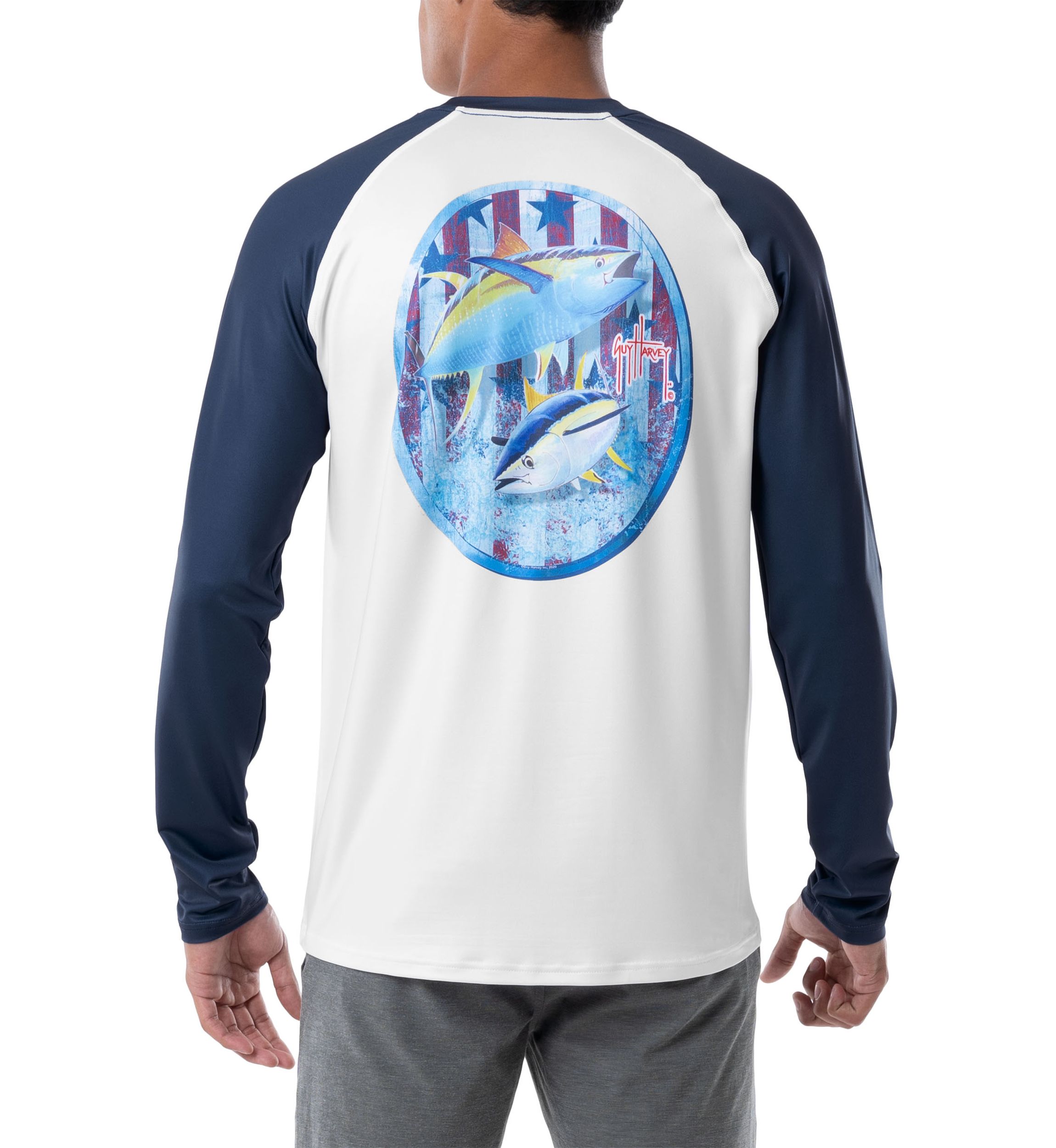 Mens Patriotic Yellowfin Tuna Color Blocked Long Sleeve Performance Graphic T-Shirt
