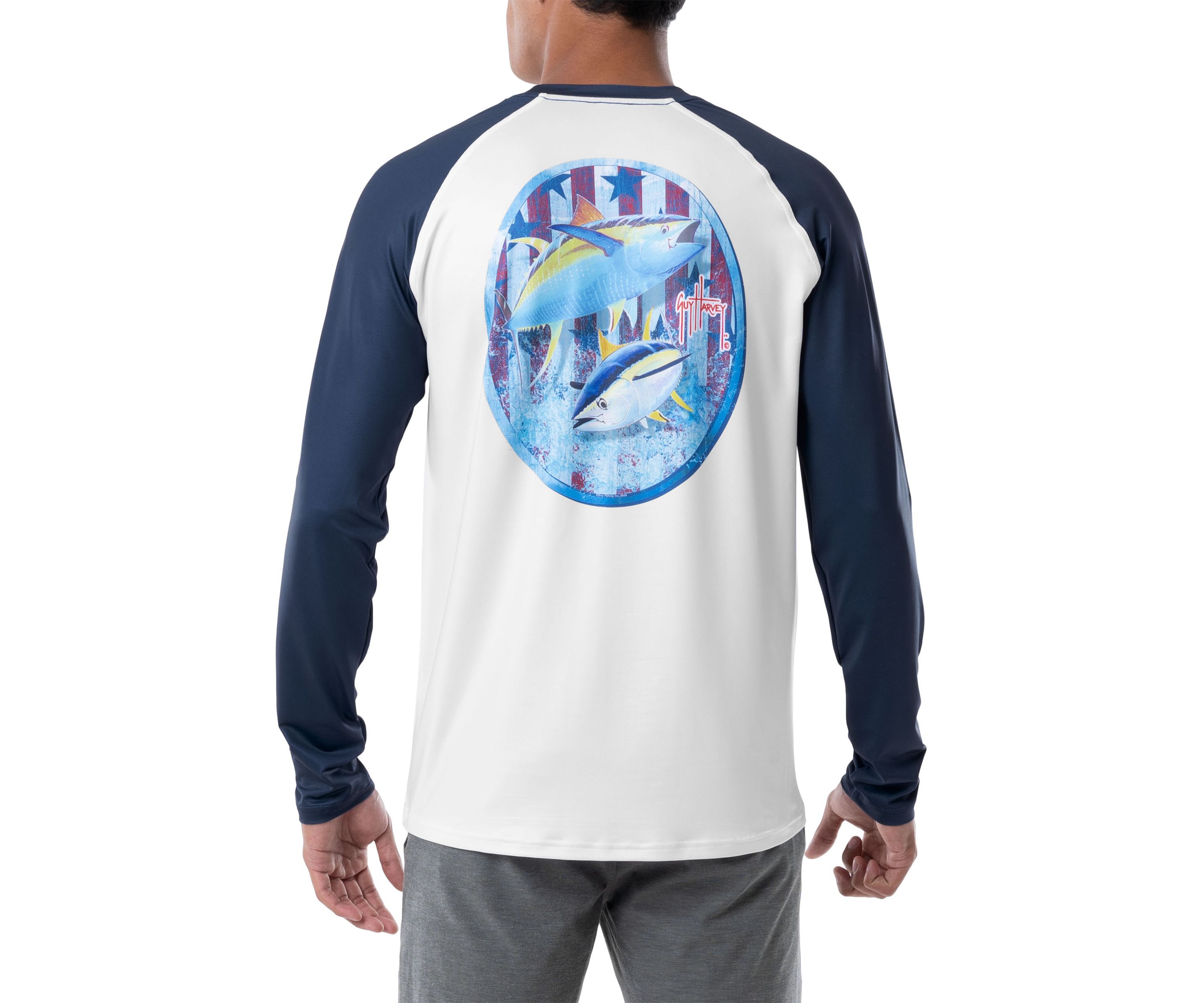 Mens Patriotic Yellowfin Tuna Color Blocked Long Sleeve Performance Graphic T-Shirt