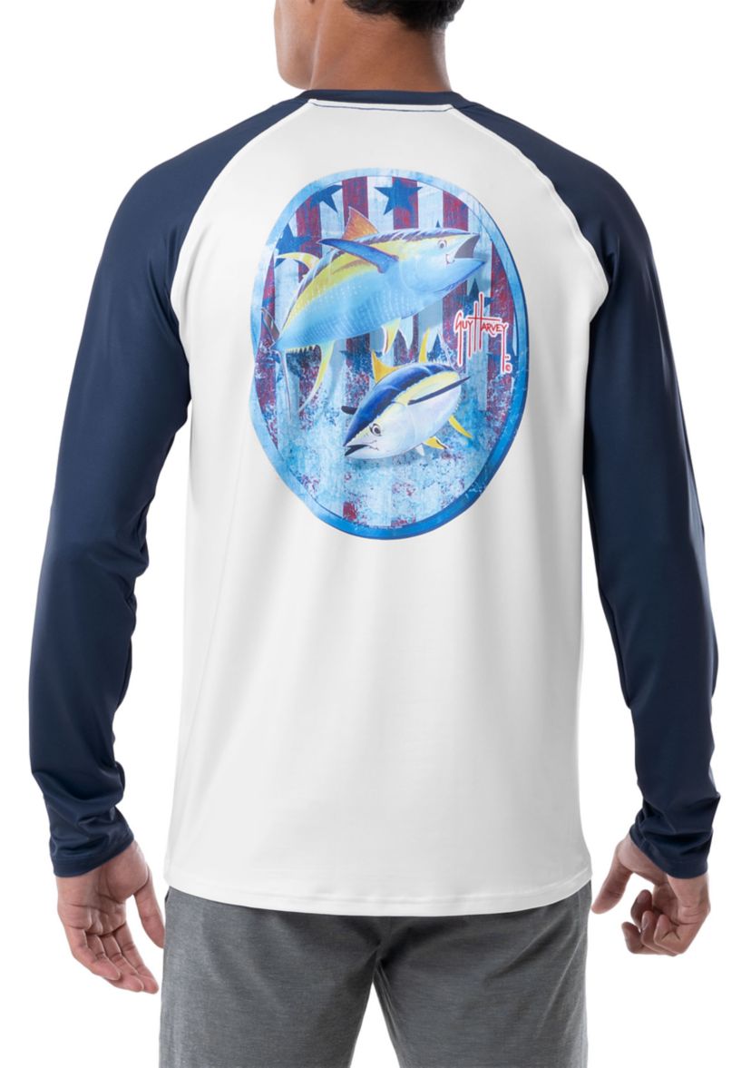 Mens Patriotic Yellowfin Tuna Color Blocked Long Sleeve Performance Graphic T-Shirt