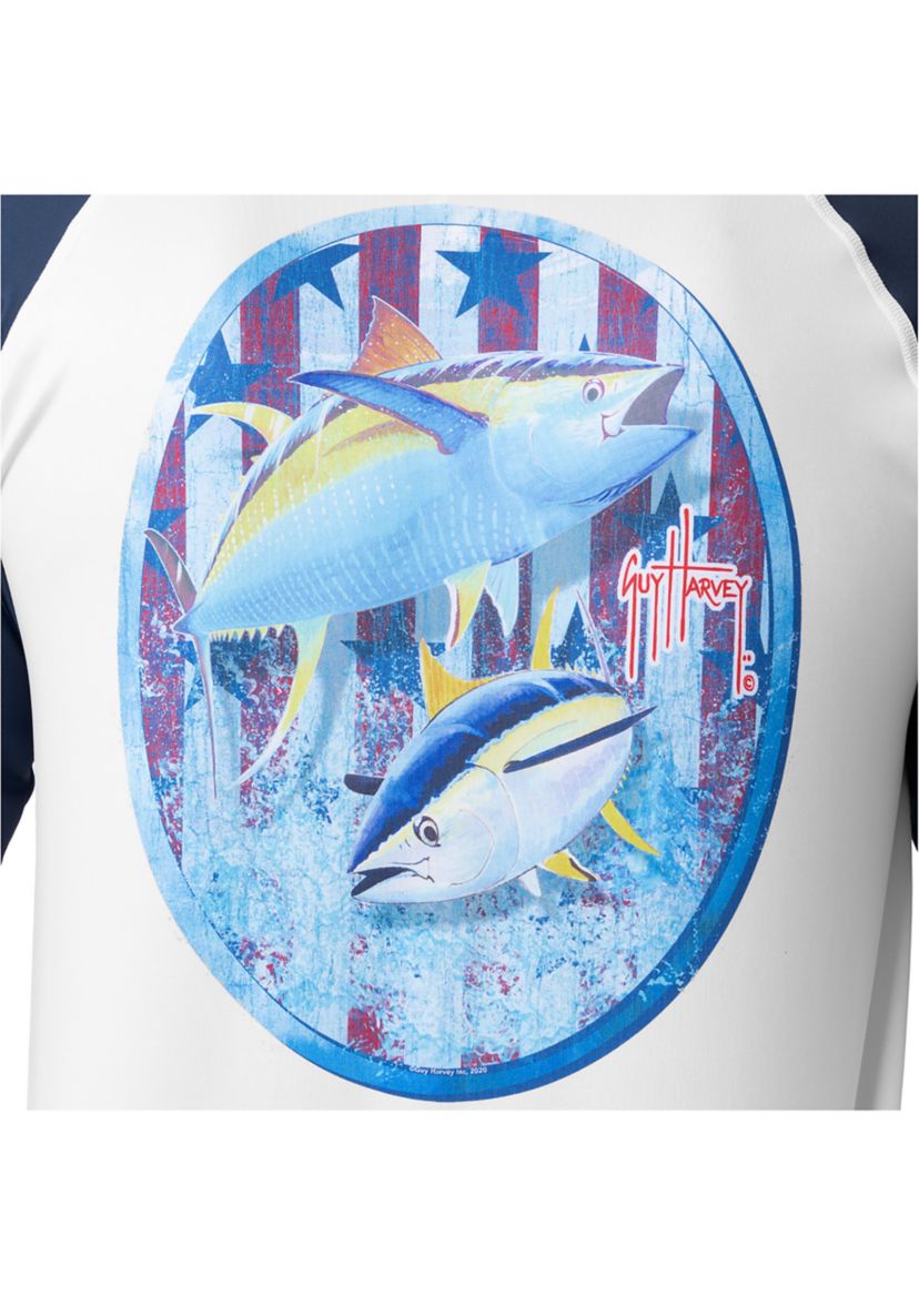 Mens Patriotic Yellowfin Tuna Color Blocked Long Sleeve Performance Graphic T-Shirt