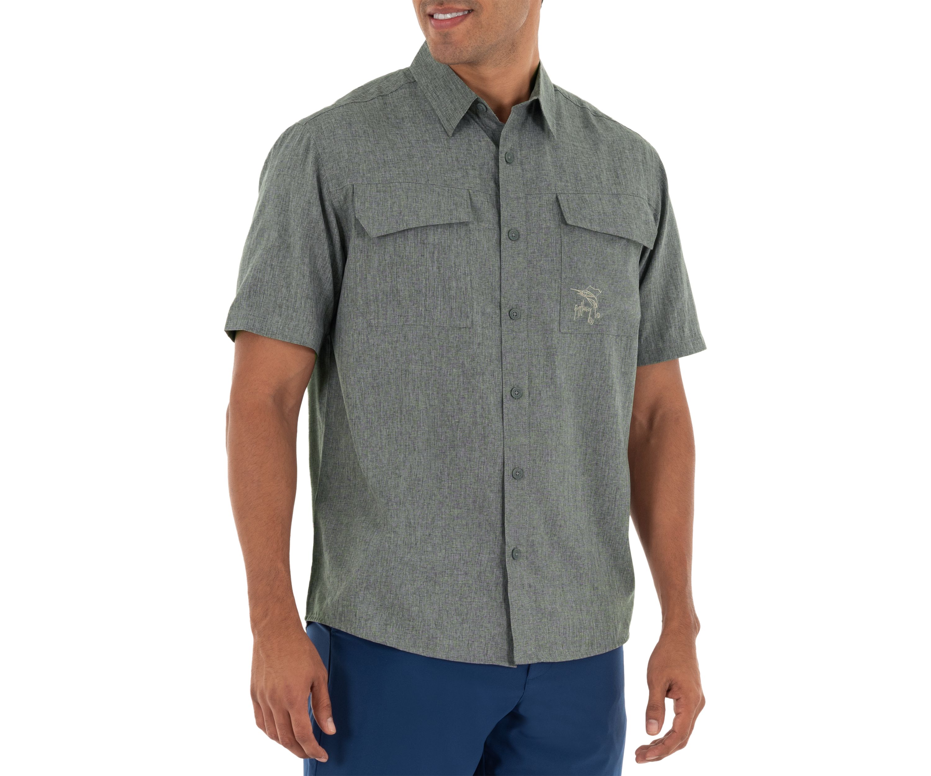 Mens Short Sleeve Cationic Heather Textured Fishing Shirt 