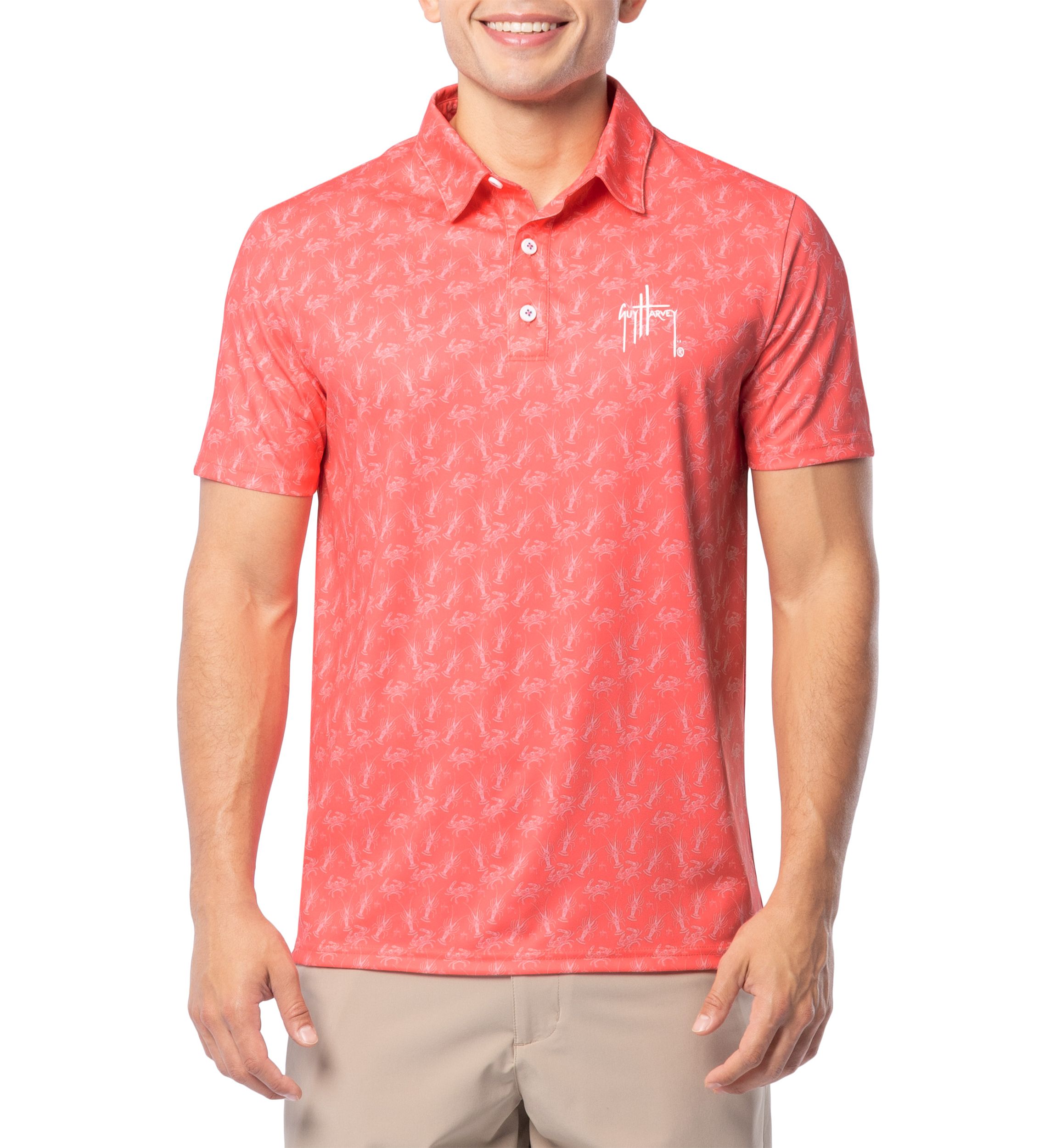 Mens Crustaceans Coral Printed Performance Polo Shirt