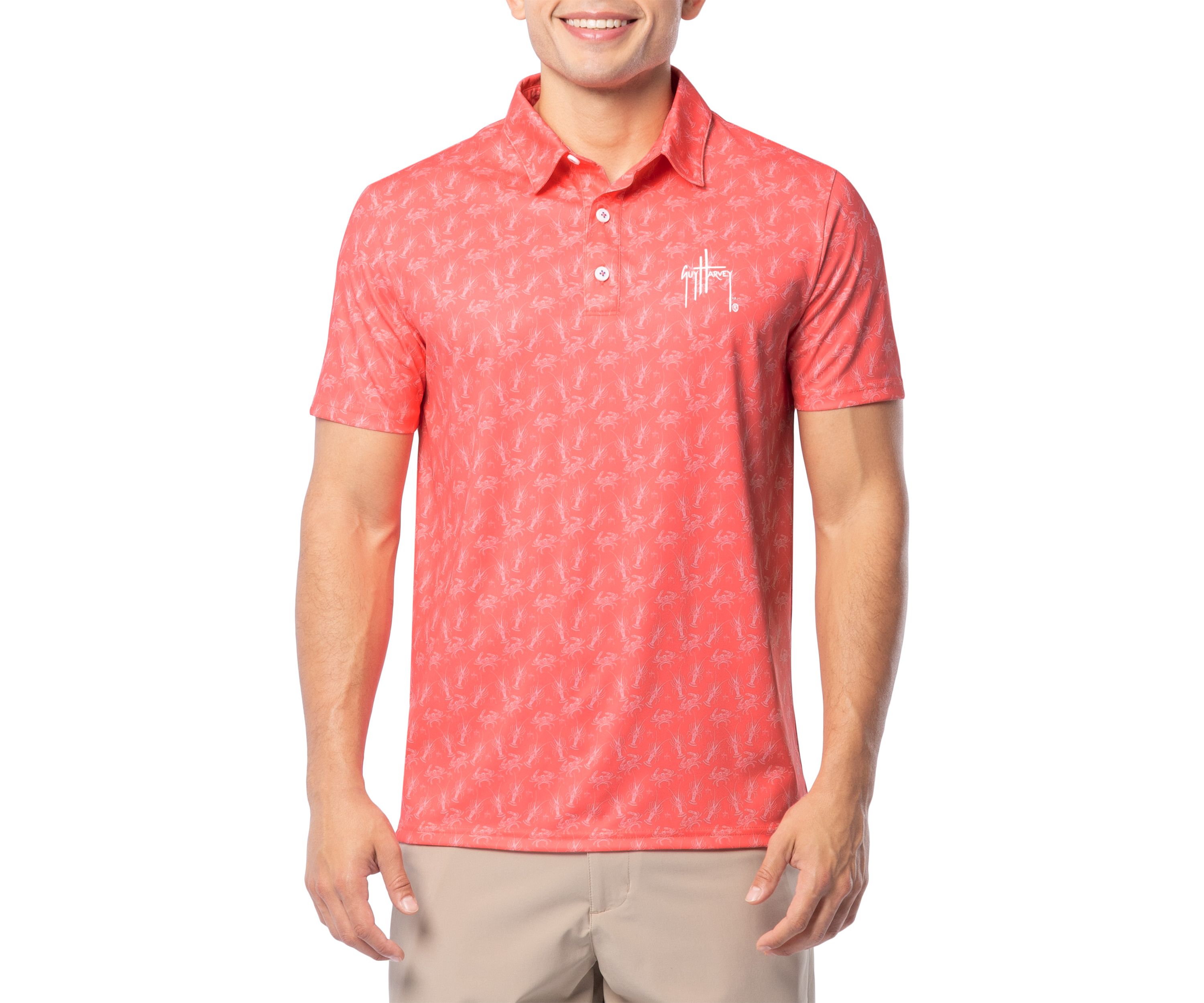 Mens Crustaceans Coral Printed Performance Polo Shirt