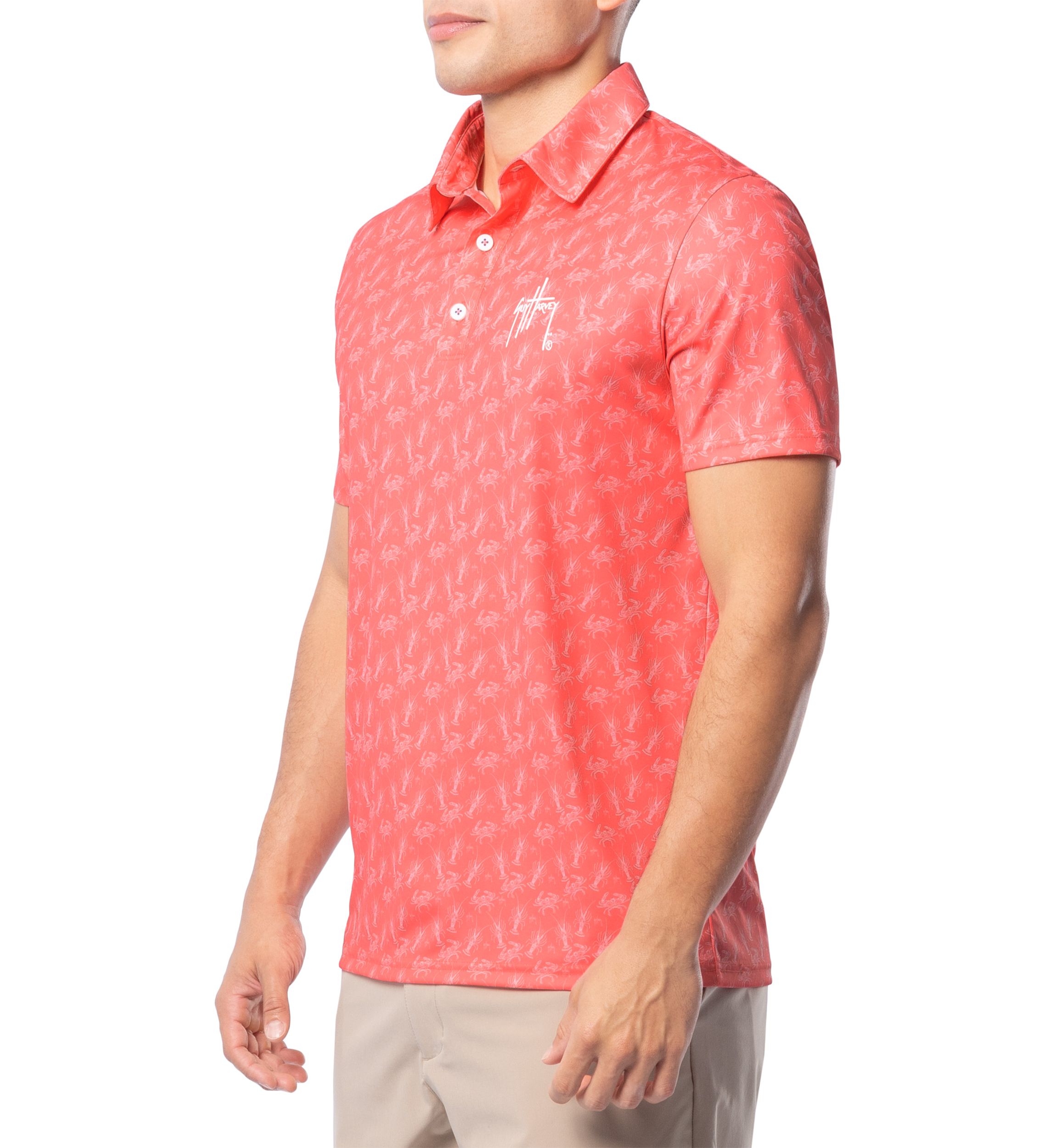 Mens Crustaceans Coral Printed Performance Polo Shirt