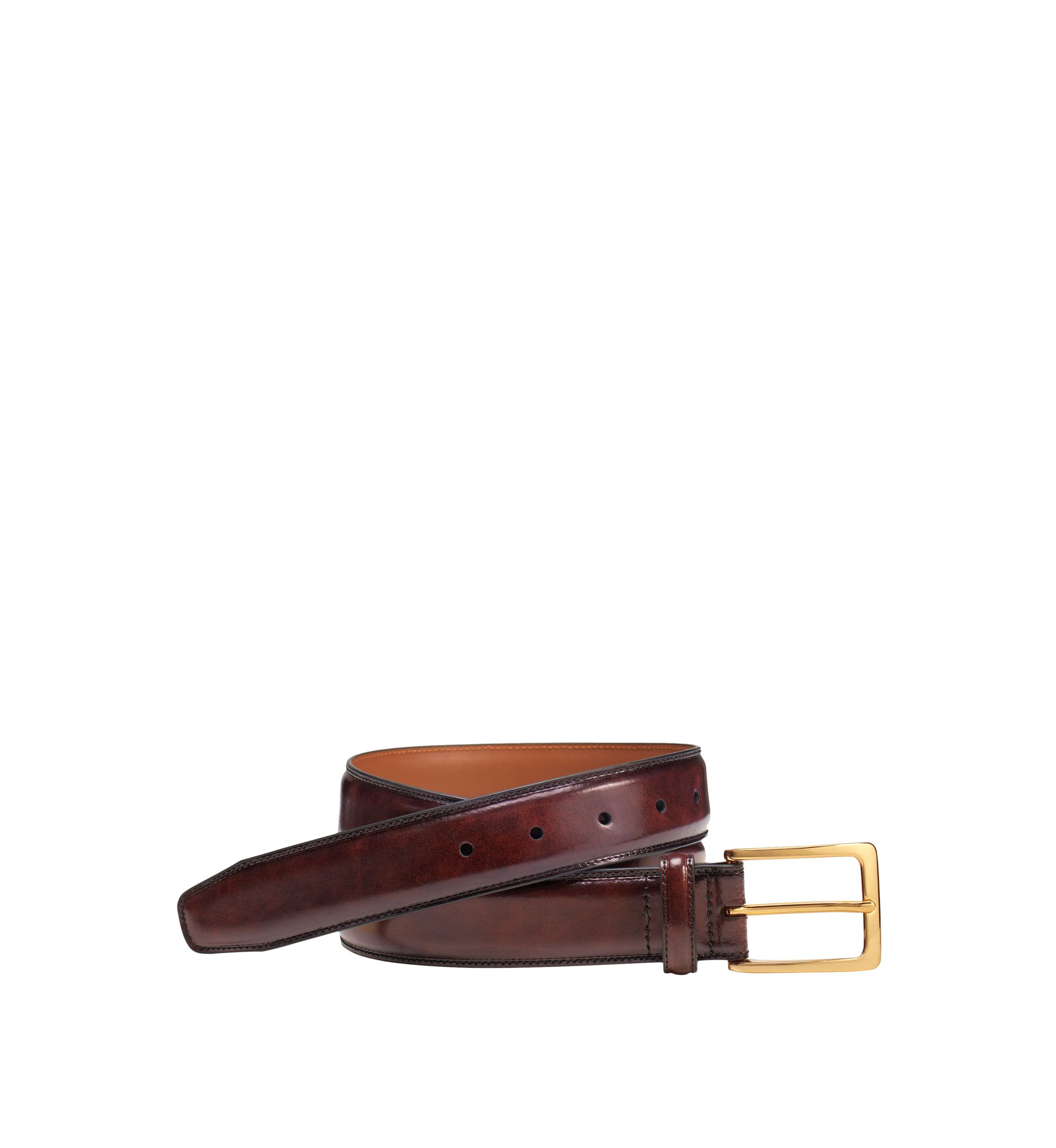 Mens 35 Millimeter Smooth Stitched Edge Belt with Polished Brass Finish Buckle