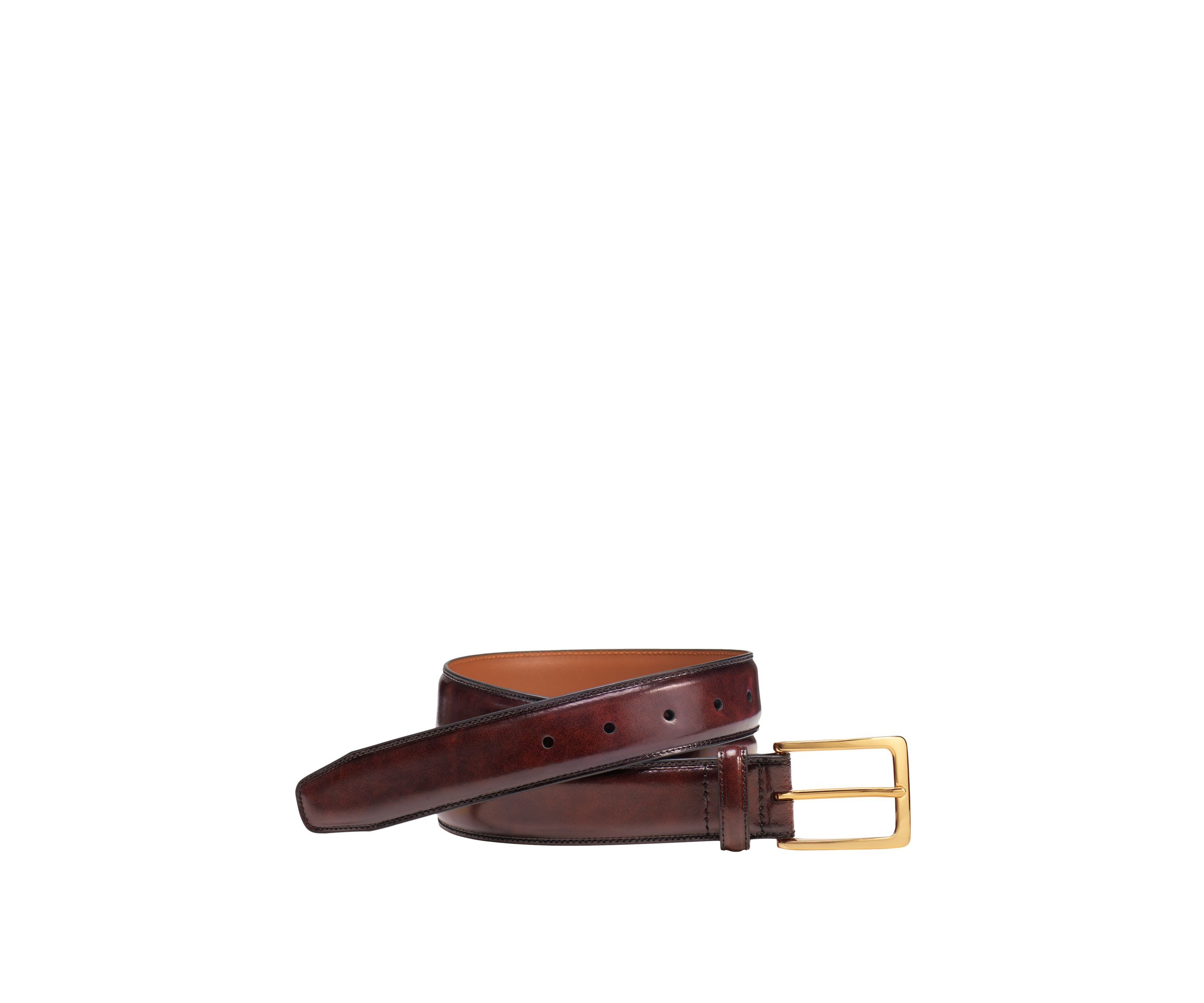 Mens 35 Millimeter Smooth Stitched Edge Belt with Polished Brass Finish Buckle