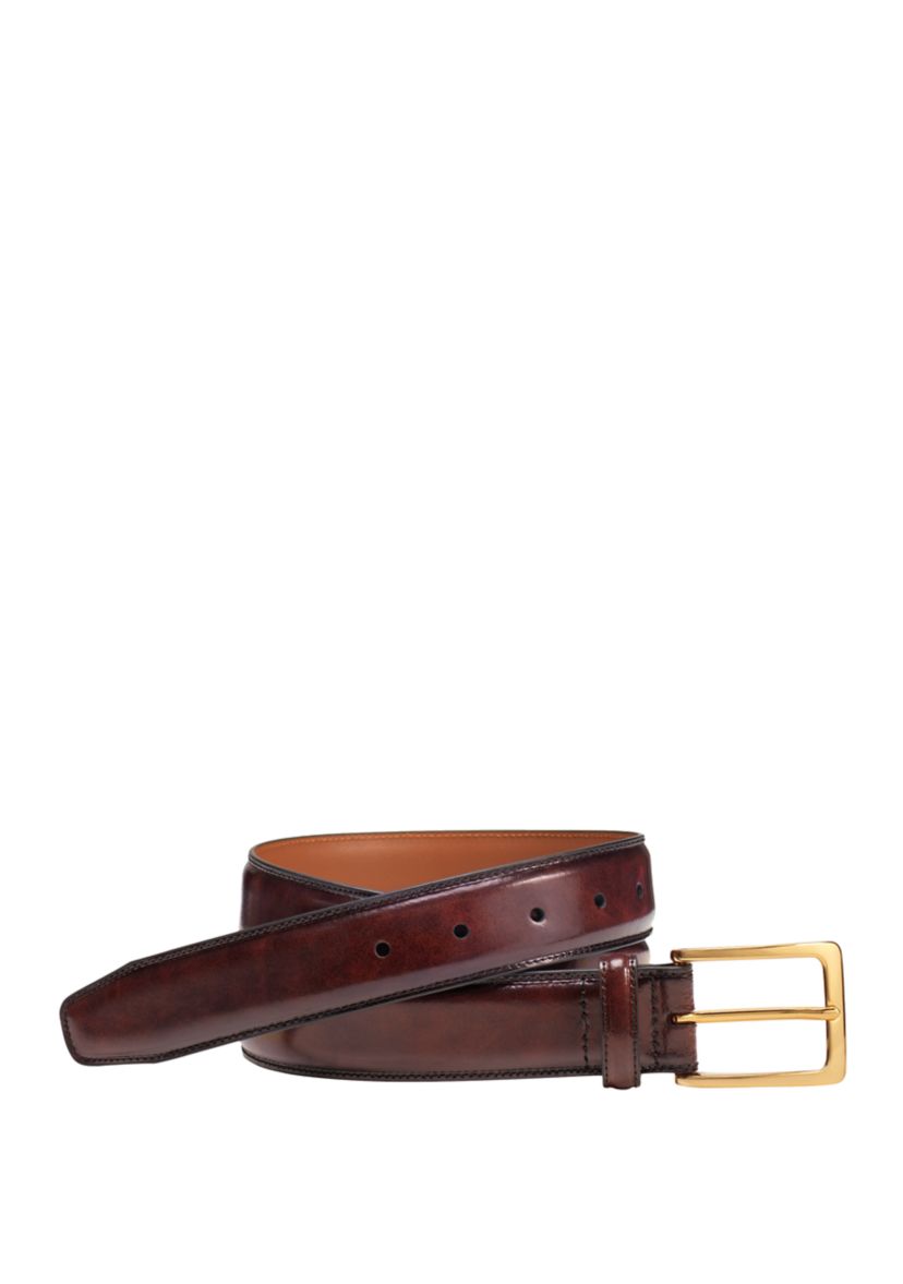 Mens 35 Millimeter Smooth Stitched Edge Belt with Polished Brass Finish Buckle