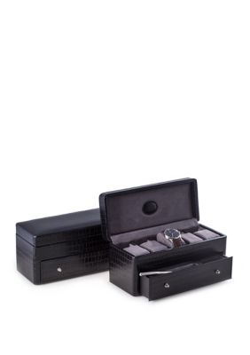Bey Berk Black Croco Leather 5 Watch Box With Drawer For Pens