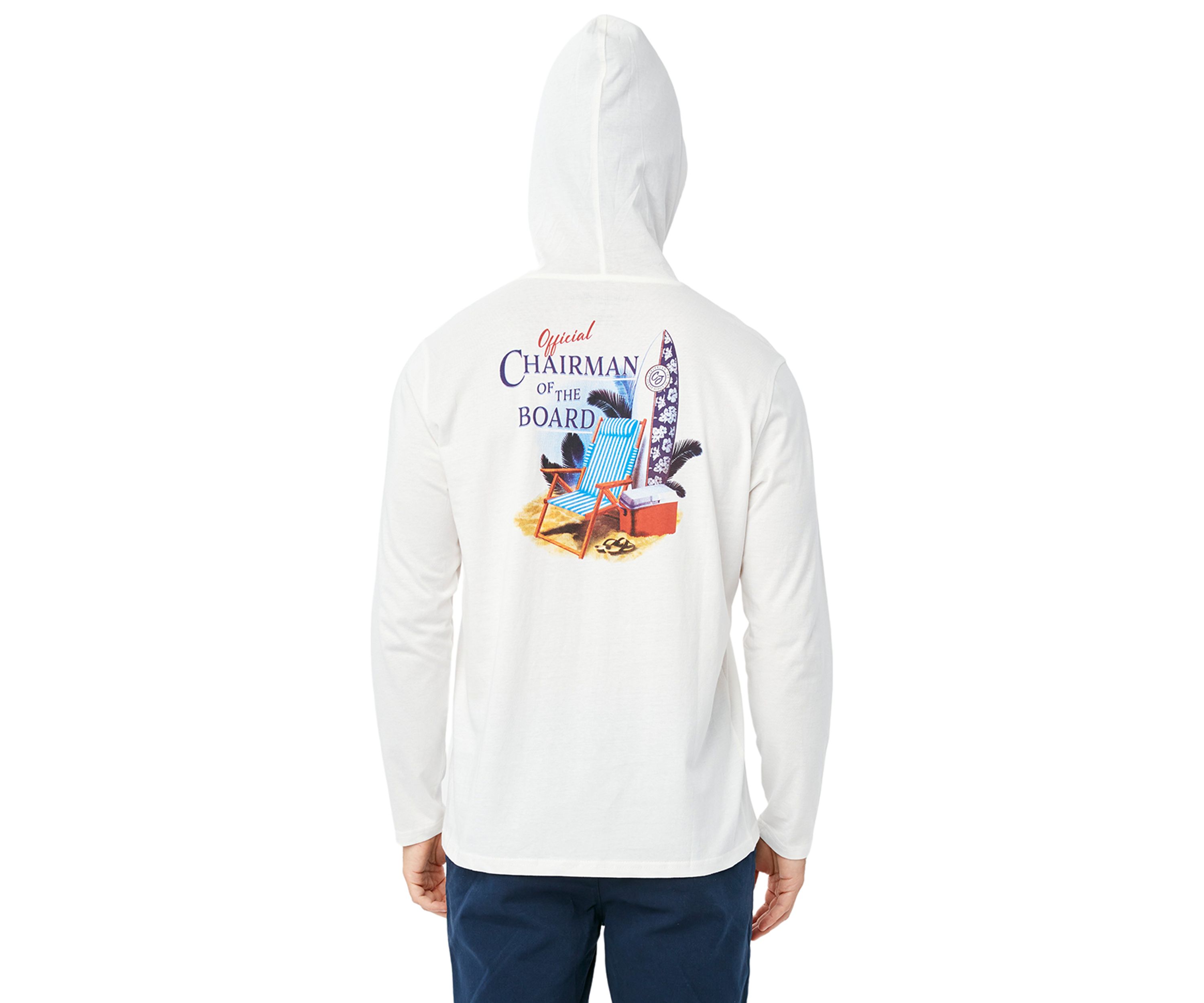 Mens Long Sleeve Hooded Chairman of the Board Graphic T-Shirt