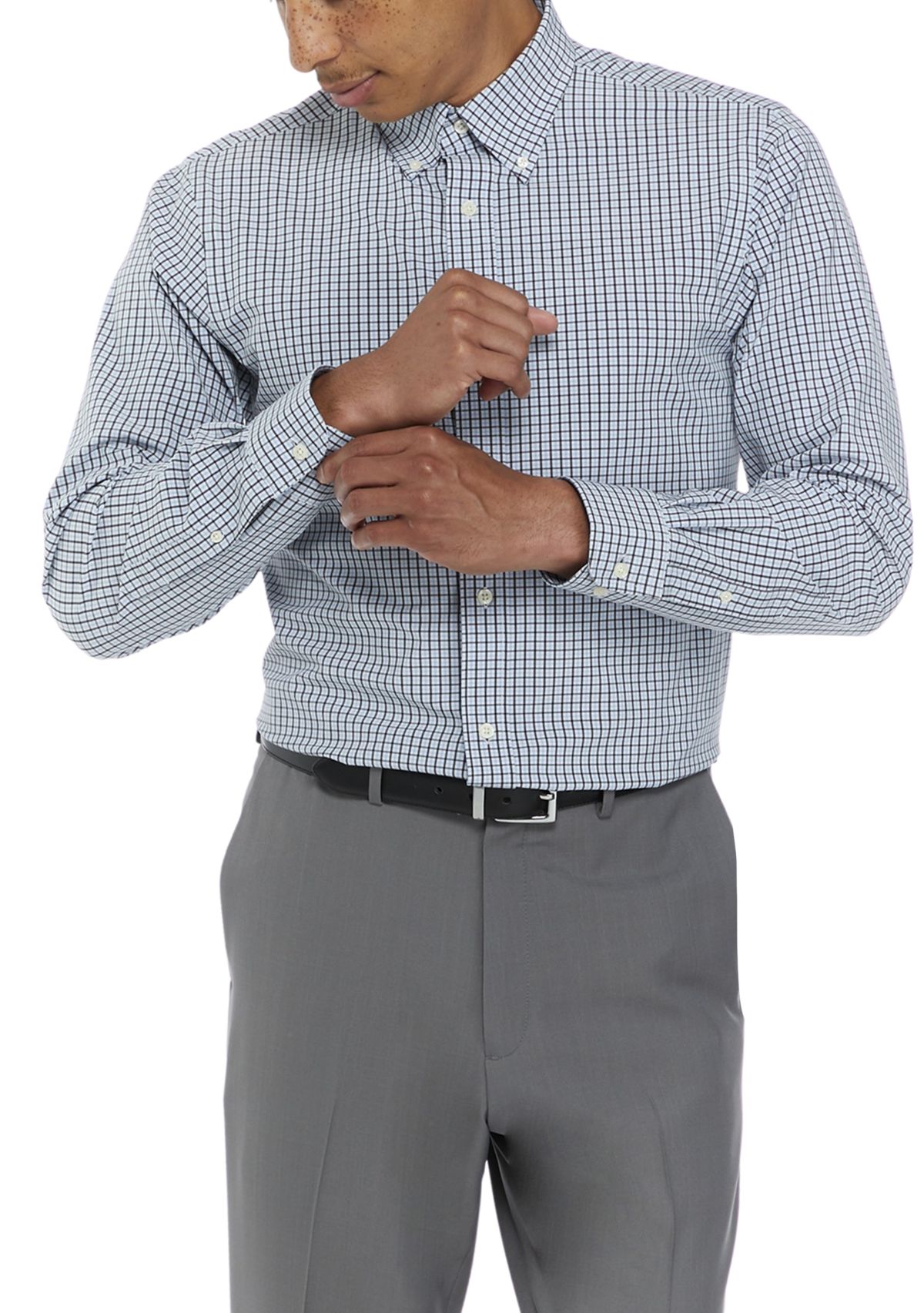 Mens Regular Fit Performance Stretch Blue Multi Check Button Down Shirt 