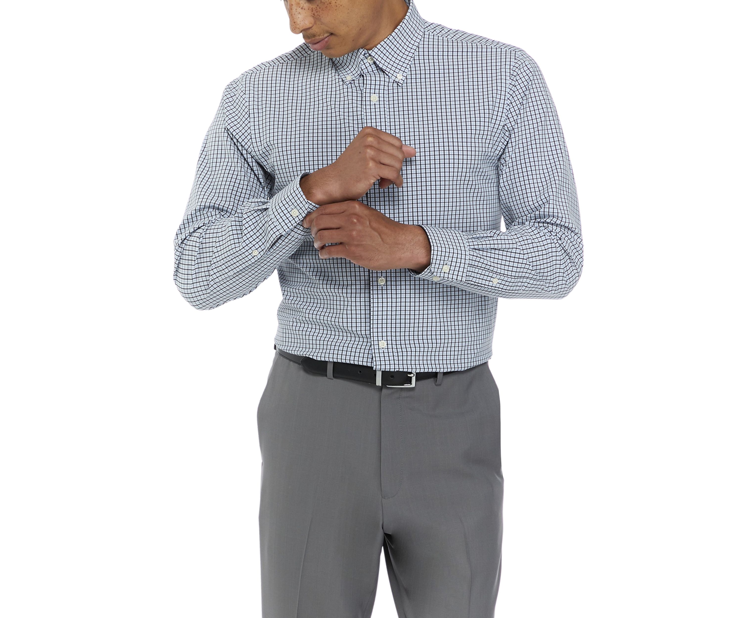 Mens Regular Fit Performance Stretch Blue Multi Check Button Down Shirt 