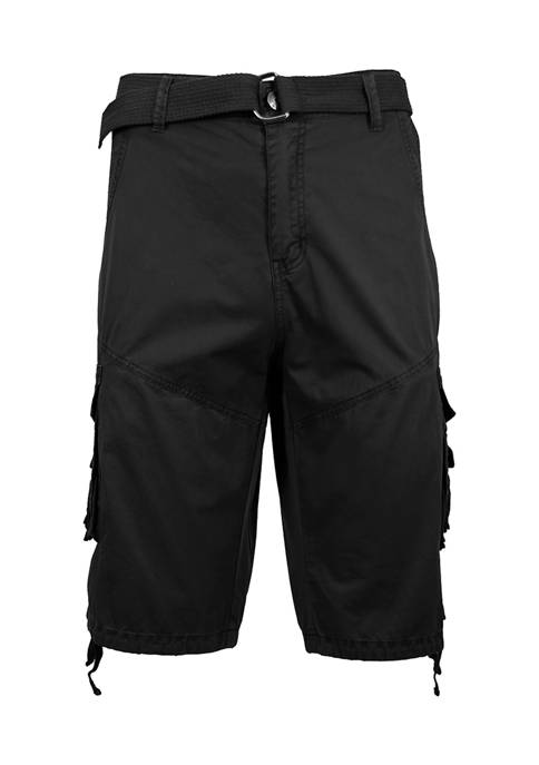 Mens Belted Cargo Shorts With Twill Flat Front Washed Utility Pockets