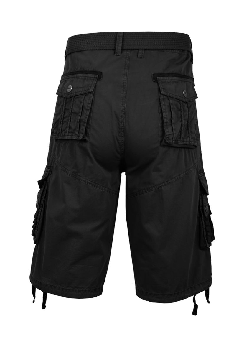 Mens Belted Cargo Shorts With Twill Flat Front Washed Utility Pockets