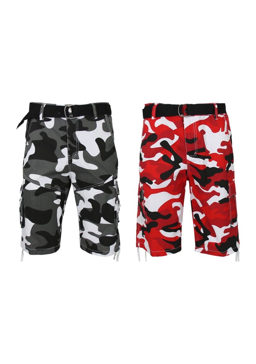 Mens Belted Cargo Shorts With Twill Flat Front Washed Utility Pockets -2 Pack