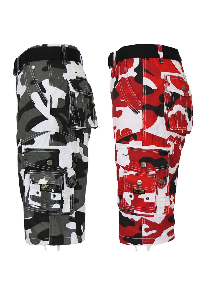 Mens Belted Cargo Shorts With Twill Flat Front Washed Utility Pockets -2 Pack