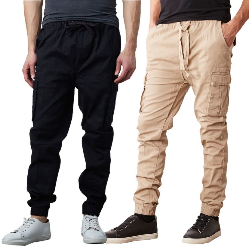 Jump Start Mens Slim Fit  Cotton Flex Stretch Cargo Jogger Pants- 2 Pack
