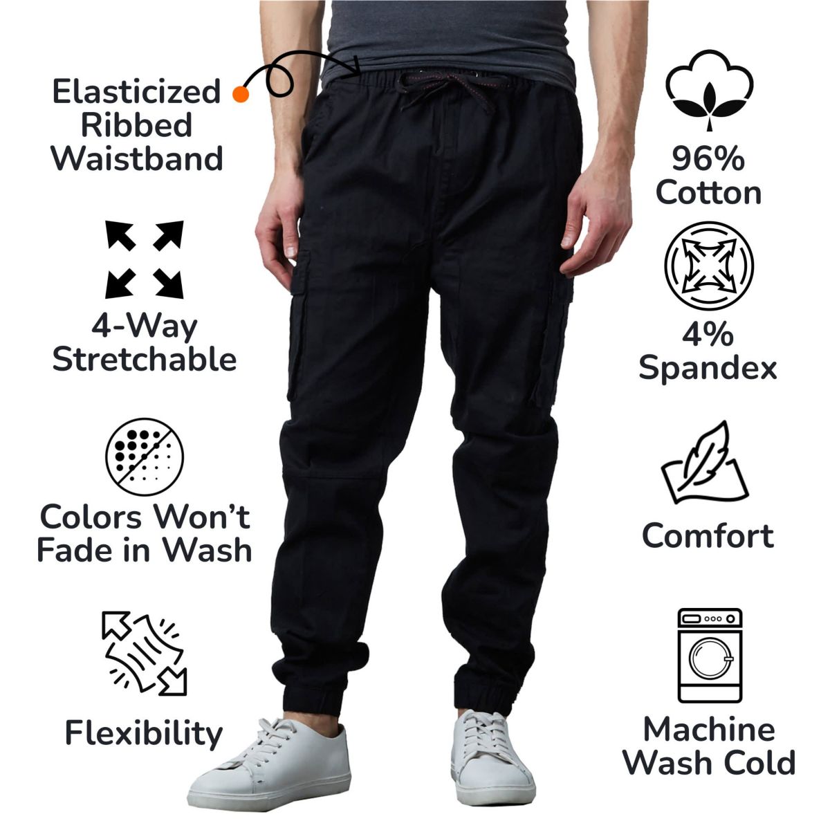 Jump Start Mens Slim Fit  Cotton Flex Stretch Cargo Jogger Pants- 2 Pack