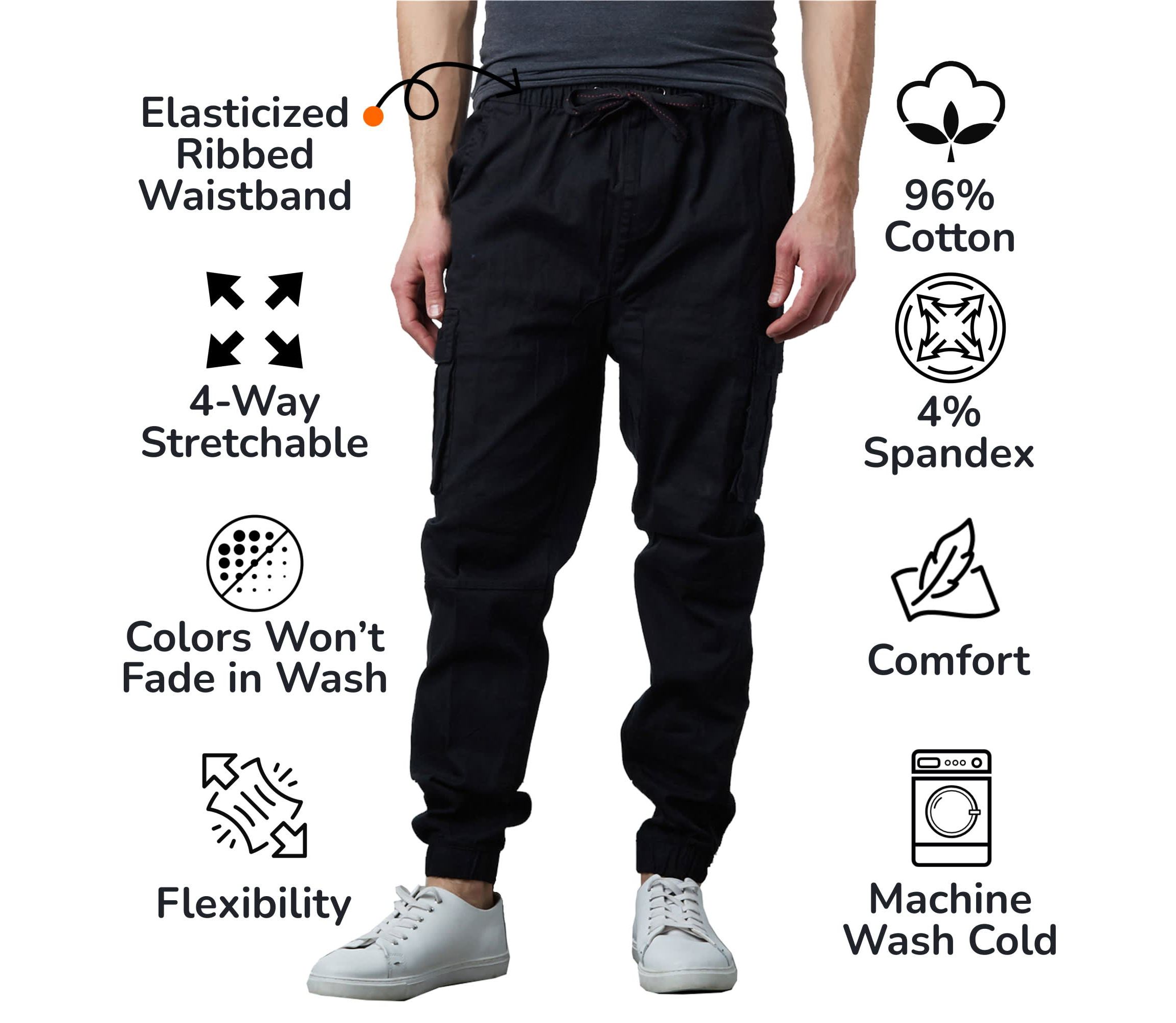 Jump Start Mens Slim Fit  Cotton Flex Stretch Cargo Jogger Pants- 2 Pack