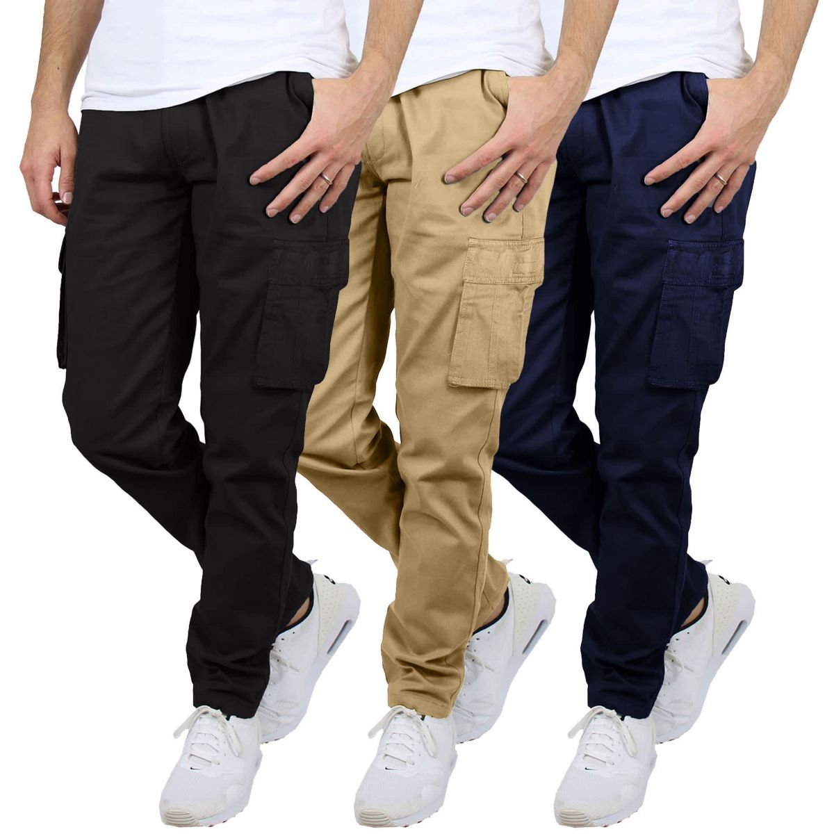 Mens Flex-Stretch Cotton Cargo Pants, 31-Inch Inseam - Comfortable and Durable- 3 Pack