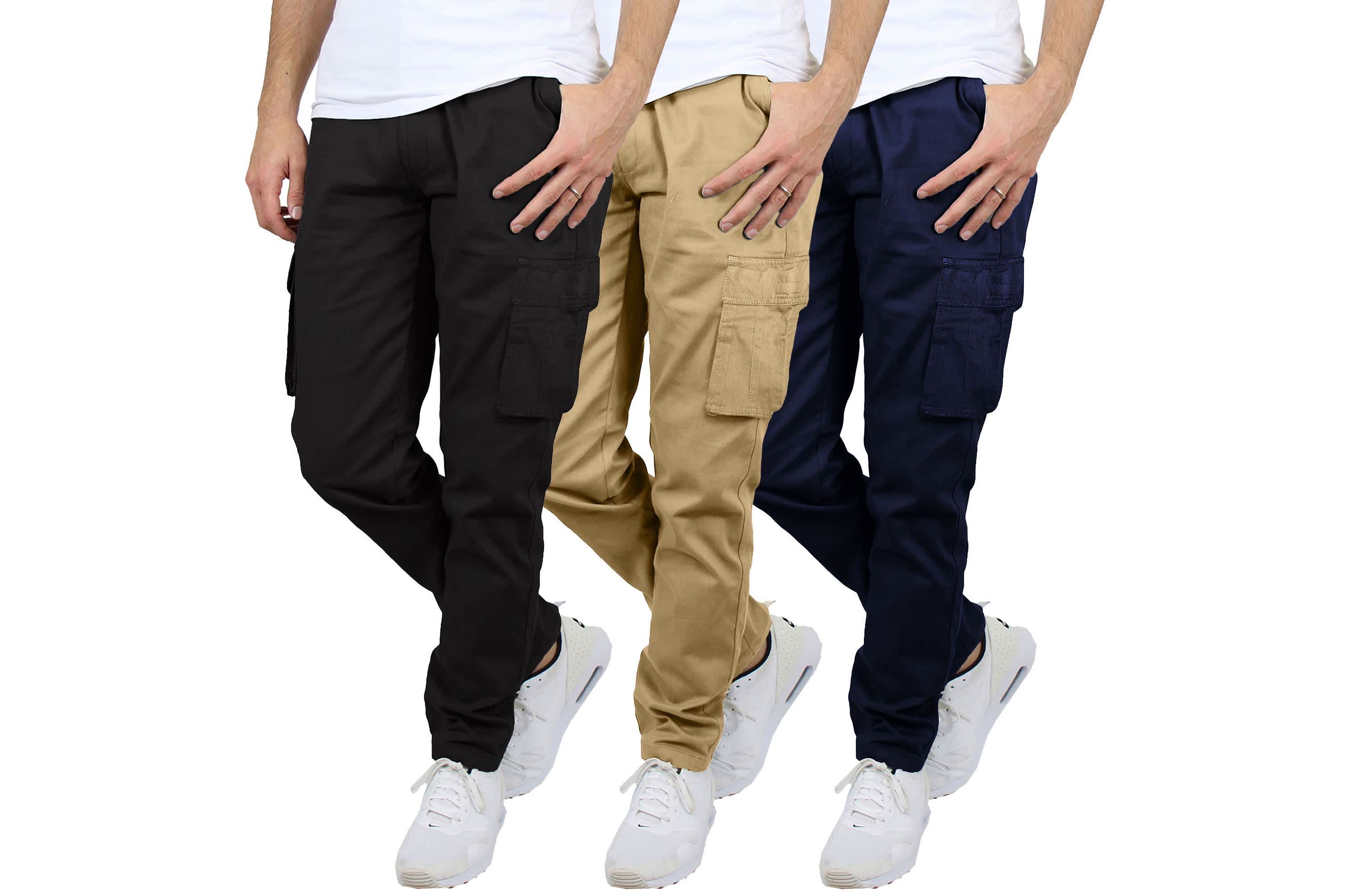 Mens Flex-Stretch Cotton Cargo Pants, 31-Inch Inseam - Comfortable and Durable- 3 Pack