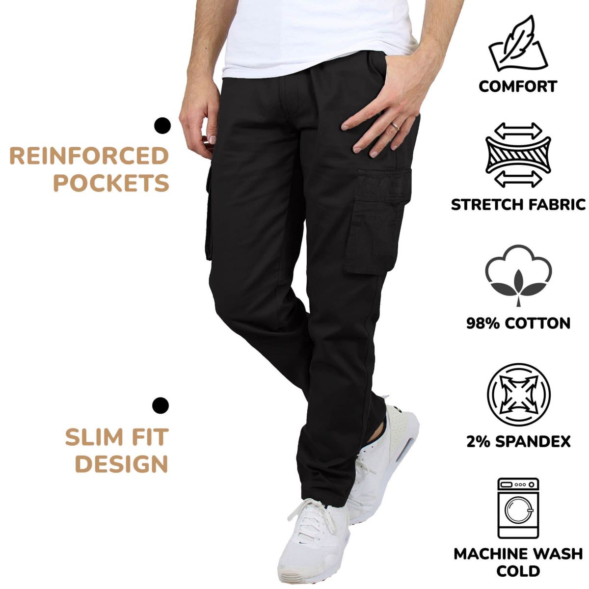 Mens Flex-Stretch Cotton Cargo Pants, 31-Inch Inseam - Comfortable and Durable- 3 Pack