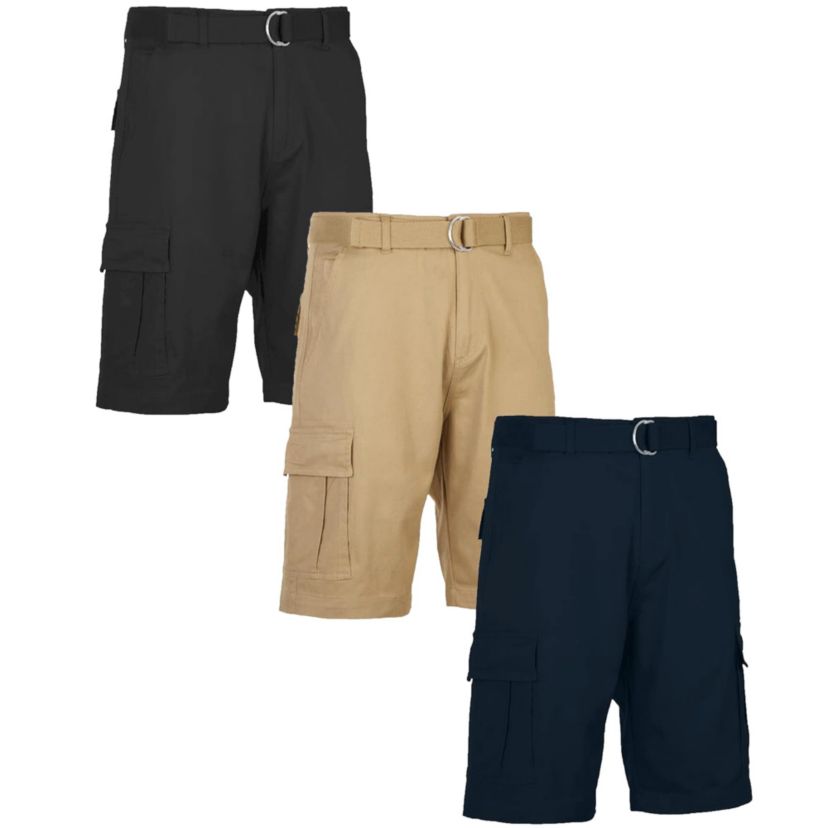 Blu Rock Mens Modern Fit  Cotton Flex Stretch Cargo Shorts With Belt- 3 Pack