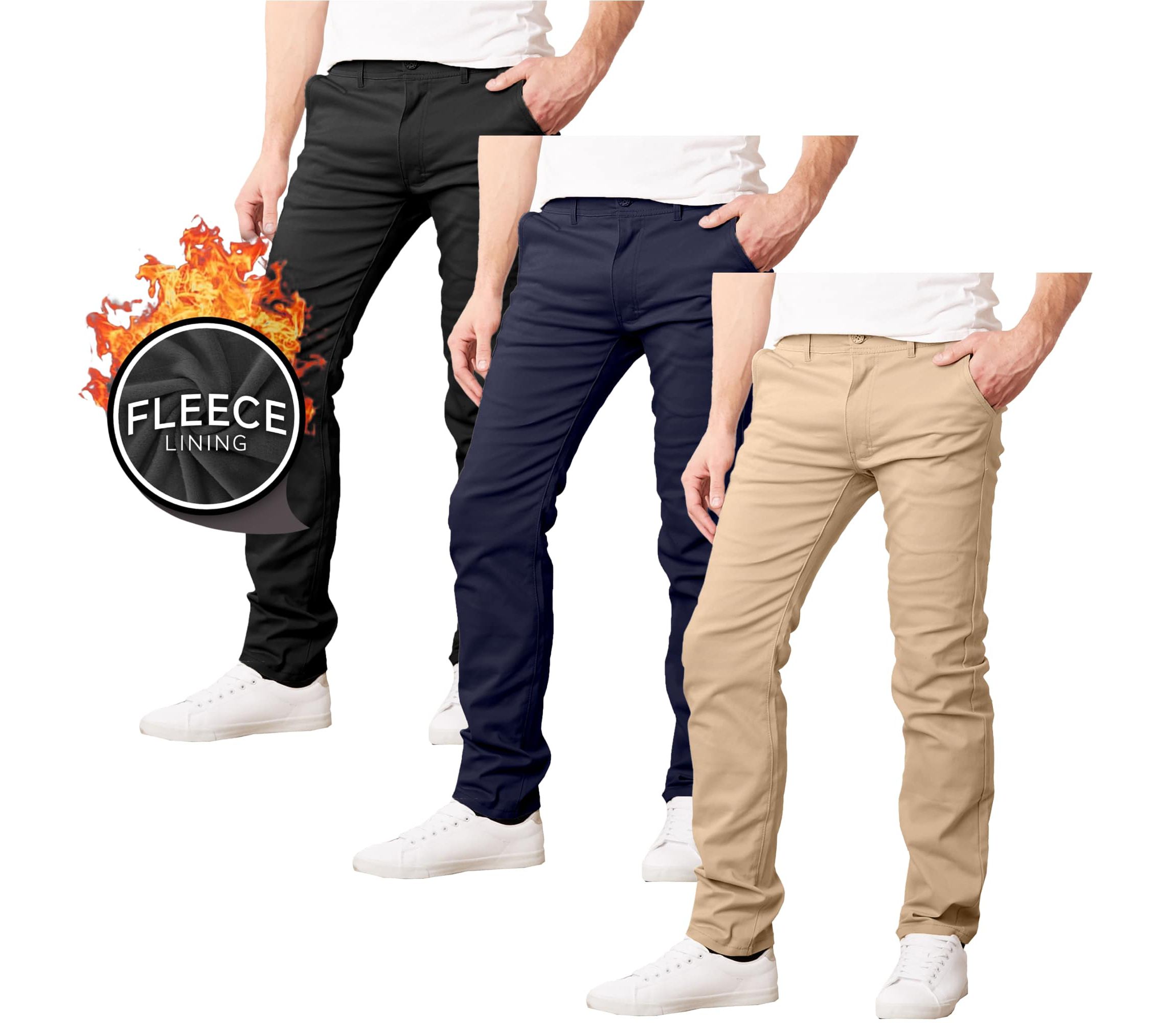 JumpStart Men’s Slim Fit  Heavyweight Fleece-Lined Stretch Chino Uniform Work Pants -3 Pack