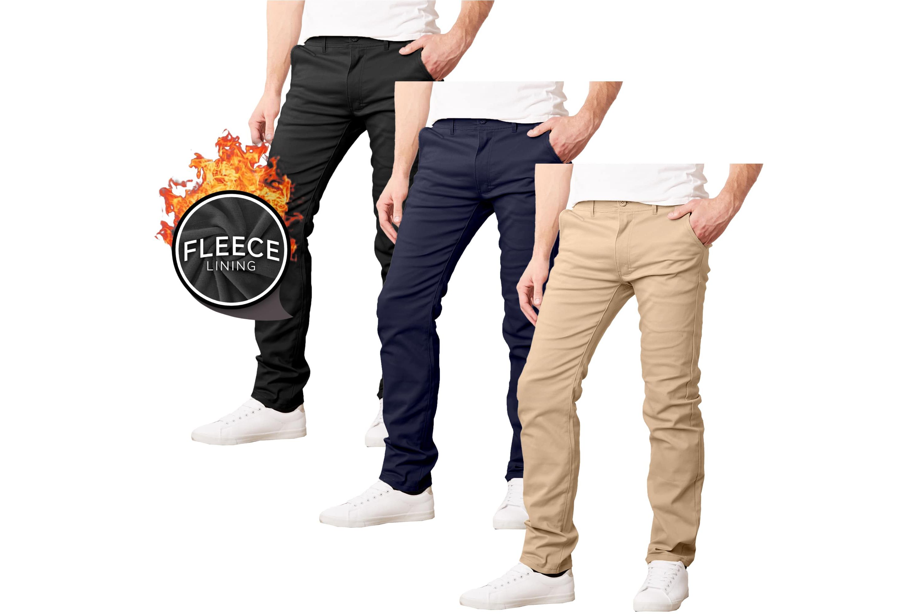 JumpStart Men’s Slim Fit  Heavyweight Fleece-Lined Stretch Chino Uniform Work Pants -3 Pack